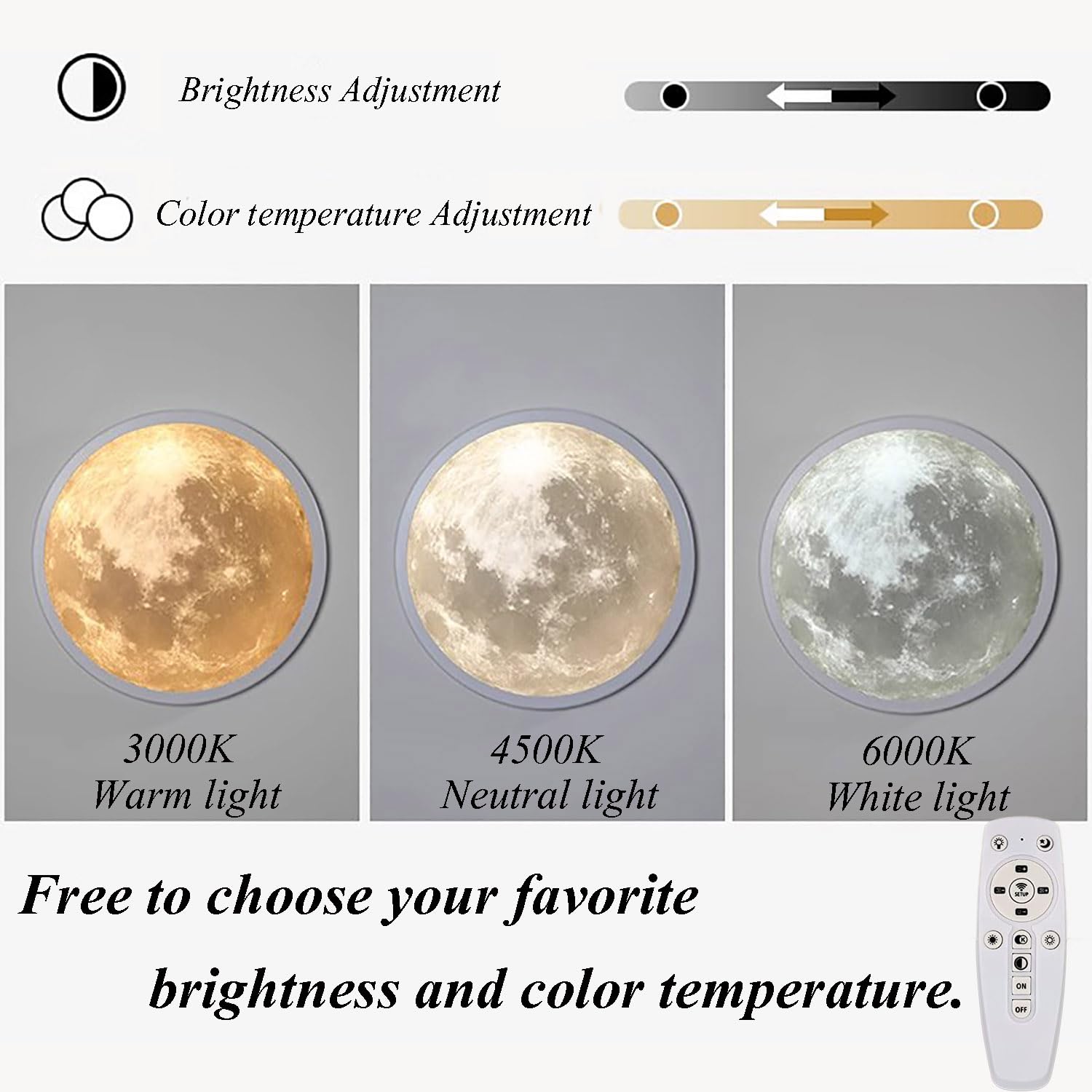 Lampada da Parete a Forma di Luna, Luce 3D in Acrilico dimmerabile per Interni con Telecomando, Design Rotondo Ultrasottile, Illuminazione Decorativa per Camera da Letto e Soggiorno