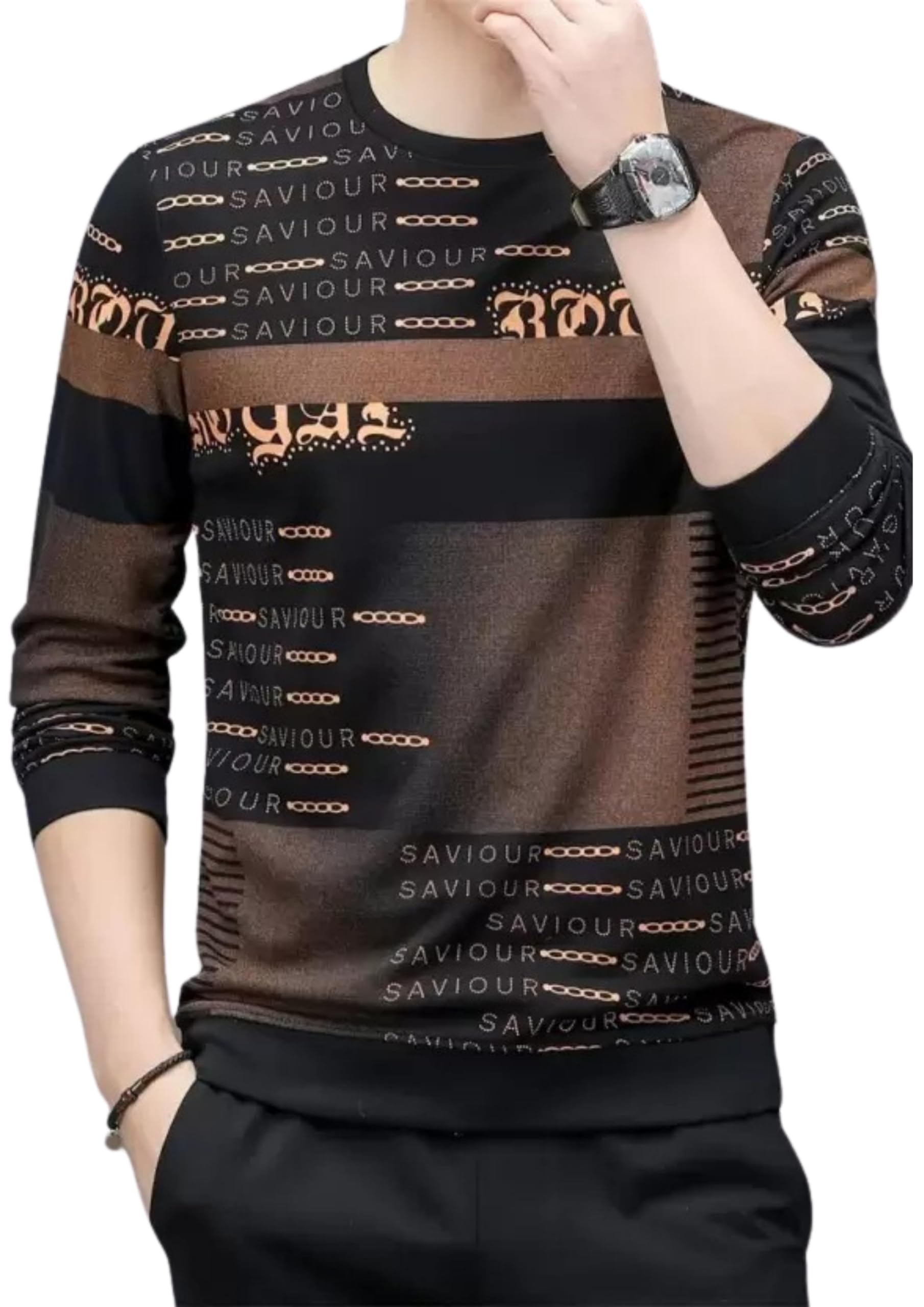Men's Casual Crew Neck T-Shirt, Graphic Print Pattern, Long Sleeve, Black and Grey-image-41