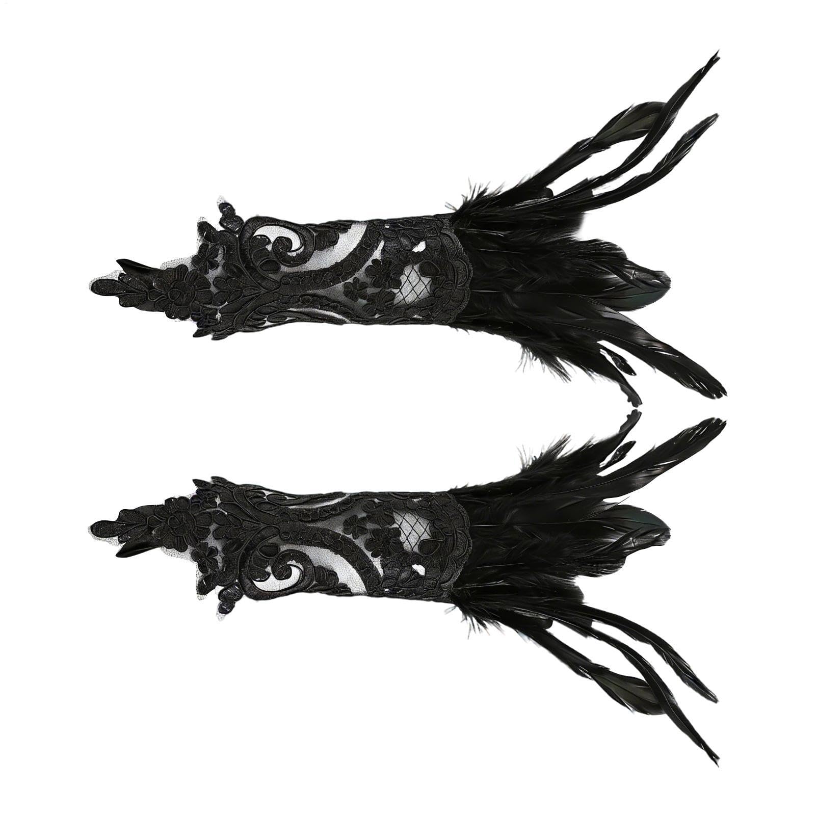 Guantes de encaje sin dedos con plumas para disfraces de mujer 8