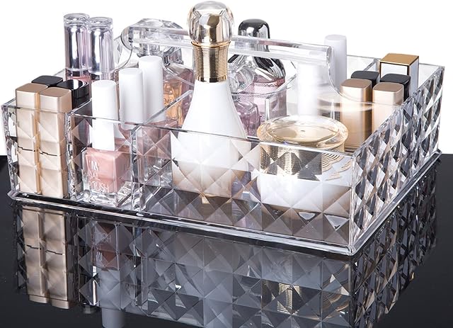 iPEGTOP Acrylic Makeup Organizer Tray, Crystal Clear Cosmetic Lipsticks Holder Display with Handle Make Up Storage Boxes with 8 Compartments for Bathroom Drawers, Vanities, Countertops, Dressing Table