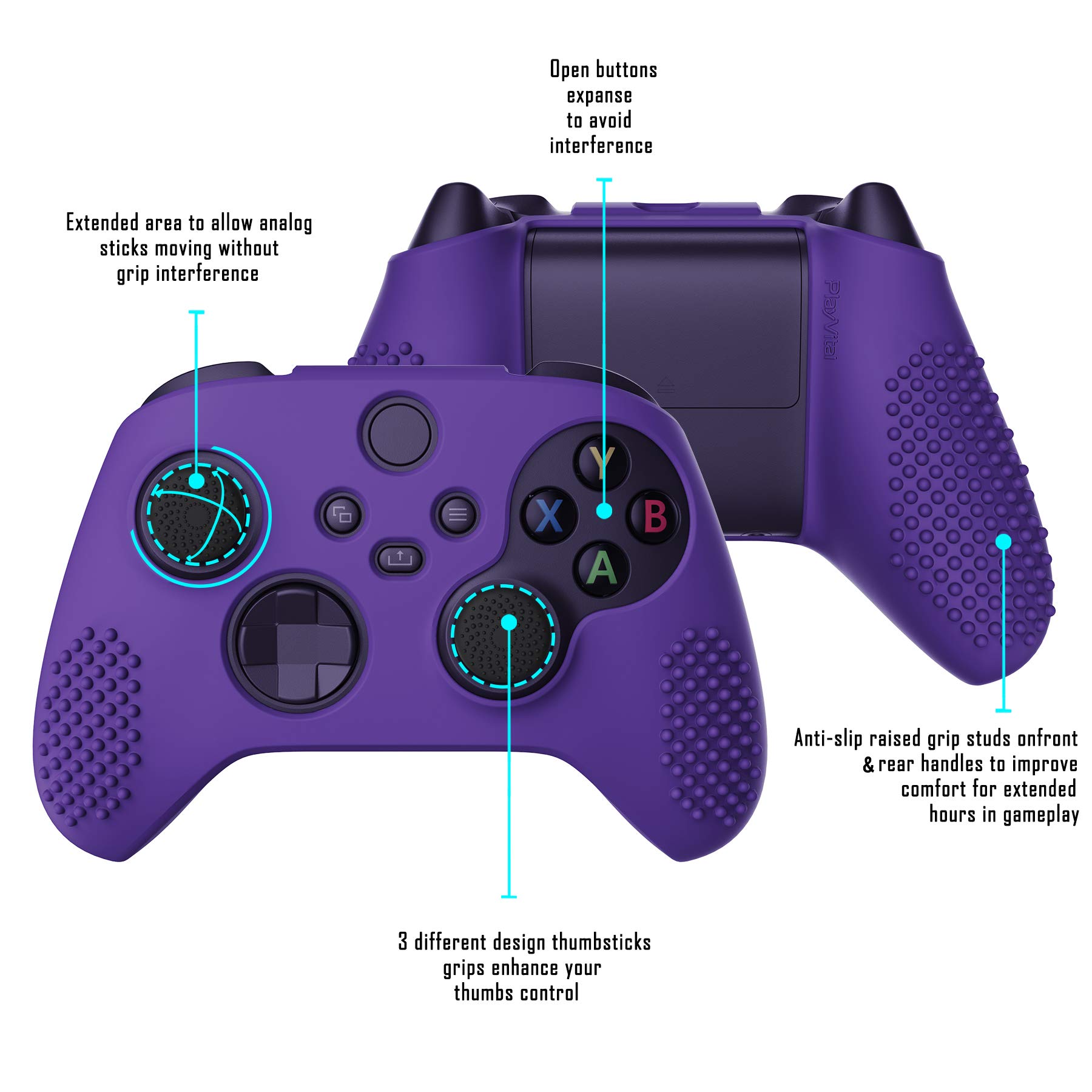 eXtremeRate PlayVital Cover Skin per Xbox Series X S Controller Joystick Custodia Protettiva Silicone Gomma Antiscivolo con 6 Copri Levette Analogiche(3D Borchiate Edizione)-Viola - 3