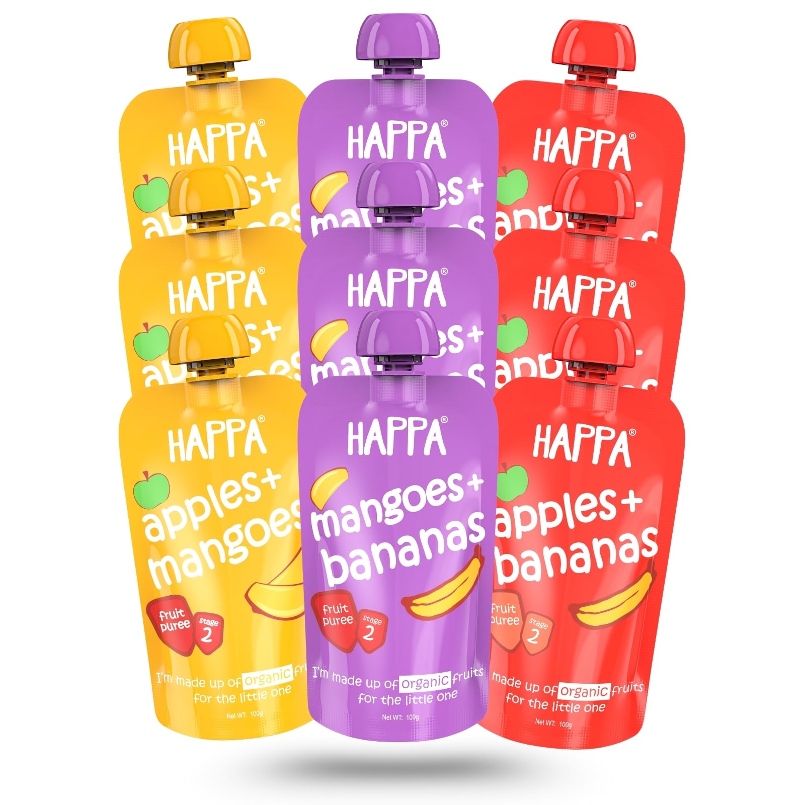 Happa Organic Food, Fruit Puree (Pack of 9, Apple + Mango, Mango + Banana, Apple + Banana) Stage 2, 9 Pouches, 100 Gram Each-image-41