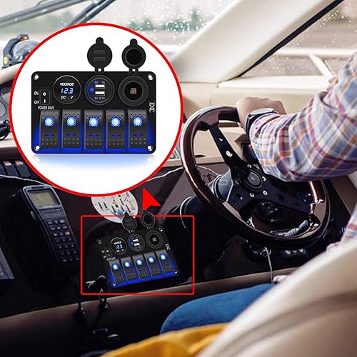 Miniatura 12 de FXC Interruptor basculante de barco marino impermeable panel de aluminio de 5 bandas con doble ranura USB de 3.1 A + medidor de voltios, luz LED