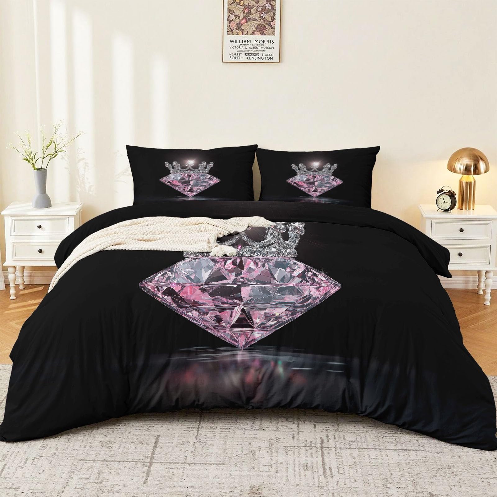 Housse de couette 140x200 cm noir rose avec 2 taies d'oreiller pour lit 2 personnes