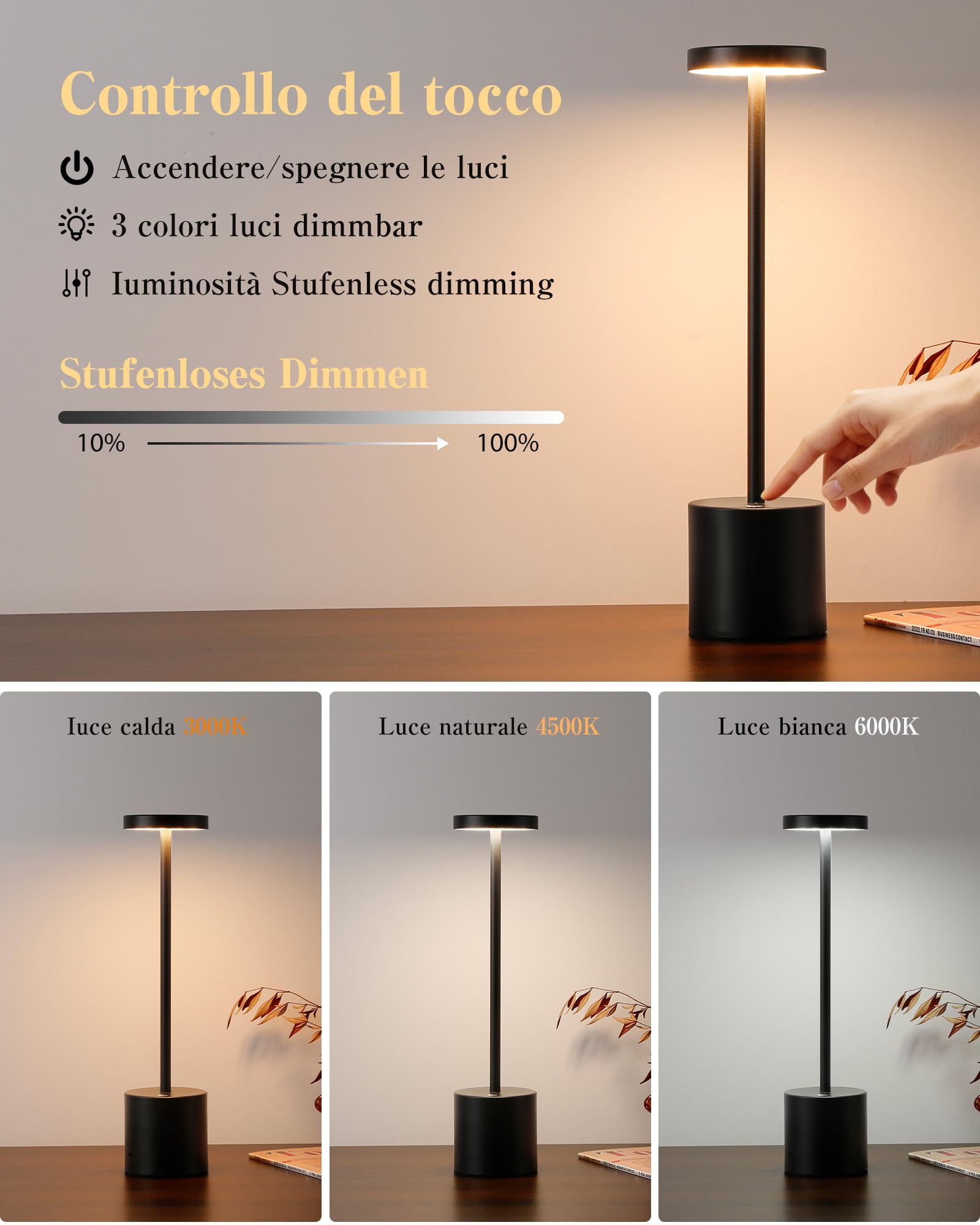 Tischleuchte Kabellos LED 6000 mAh Akku Dimmbar für Außen Innen, 2 Schwarz | 12h touch wasserdicht für outdoor terrasse restaurant led tischlampe akku usb aufladbar dimmbar