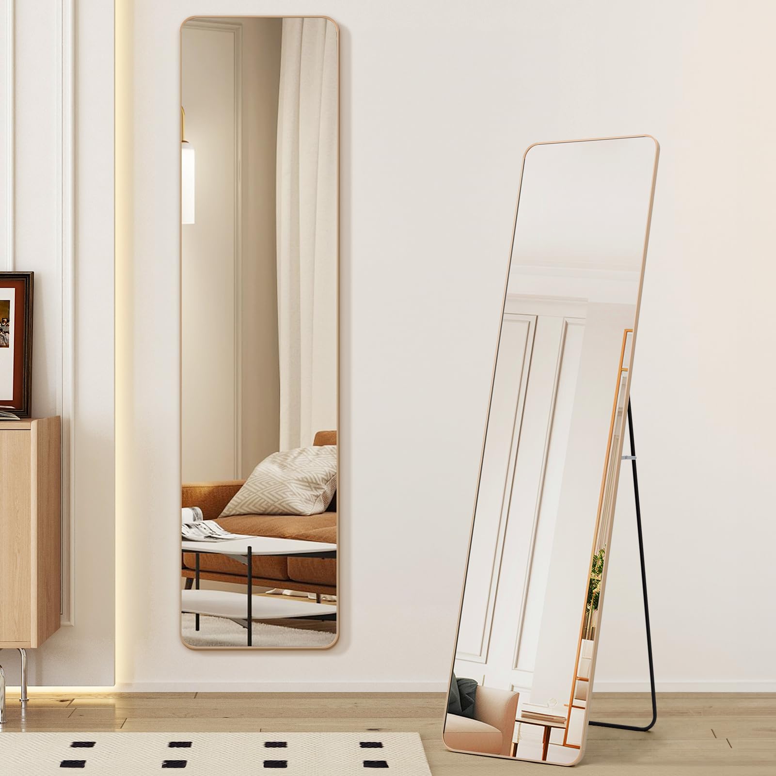 Warmiehomy 147X37cm Full Length Mirror, Floor Full Body Rectangular Standing Mirror with Stand, Hanging or Leaning Against for Bedroom Cloakroom, Gold — image 1