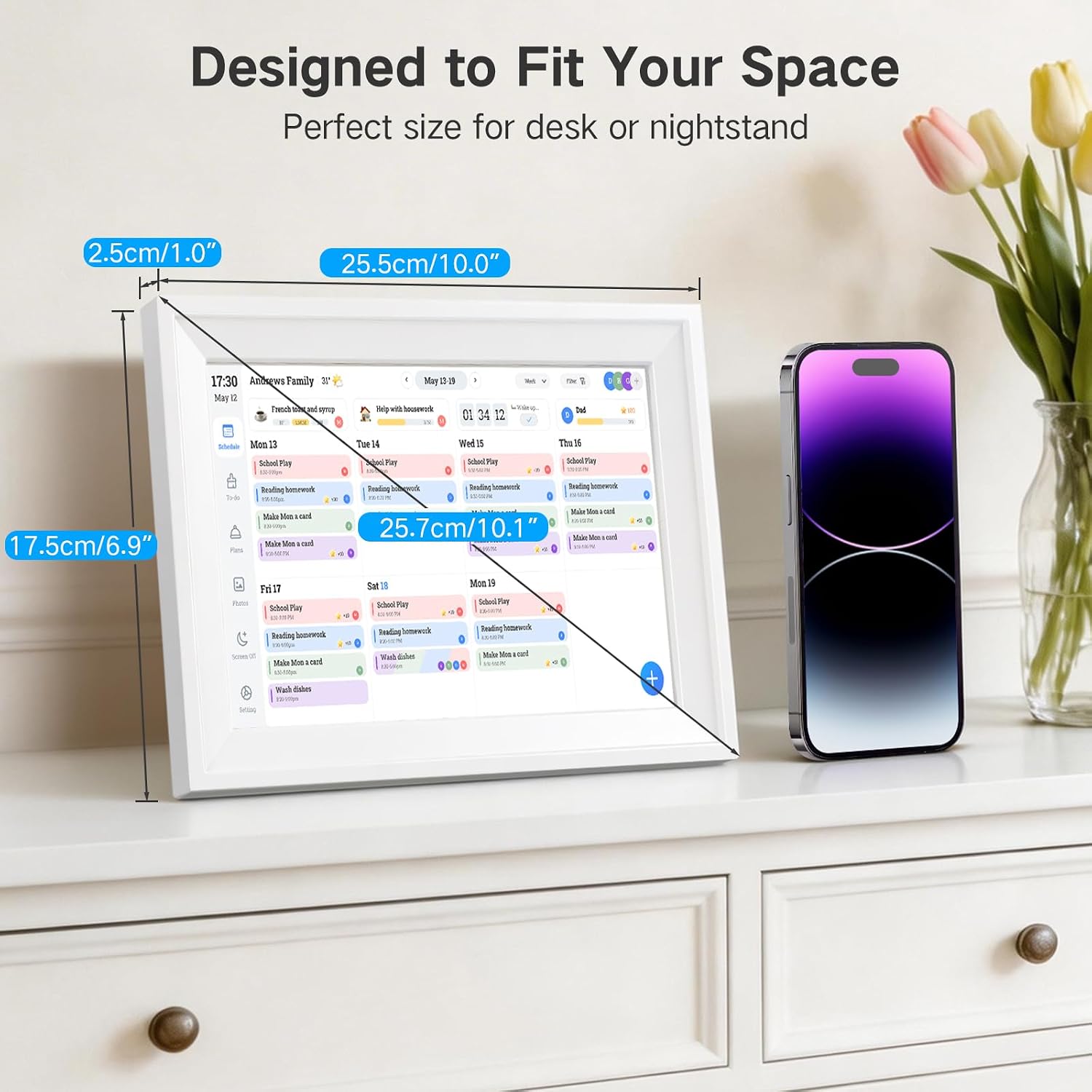 10.1" Smart Family Calendar, WiFi Digital Family Organizer with App, Touchscreen Chore Chart for Kids & Meal Planner, Digital Photo Frame with 32GB Storage, Desk & Countertop Stand, 2026