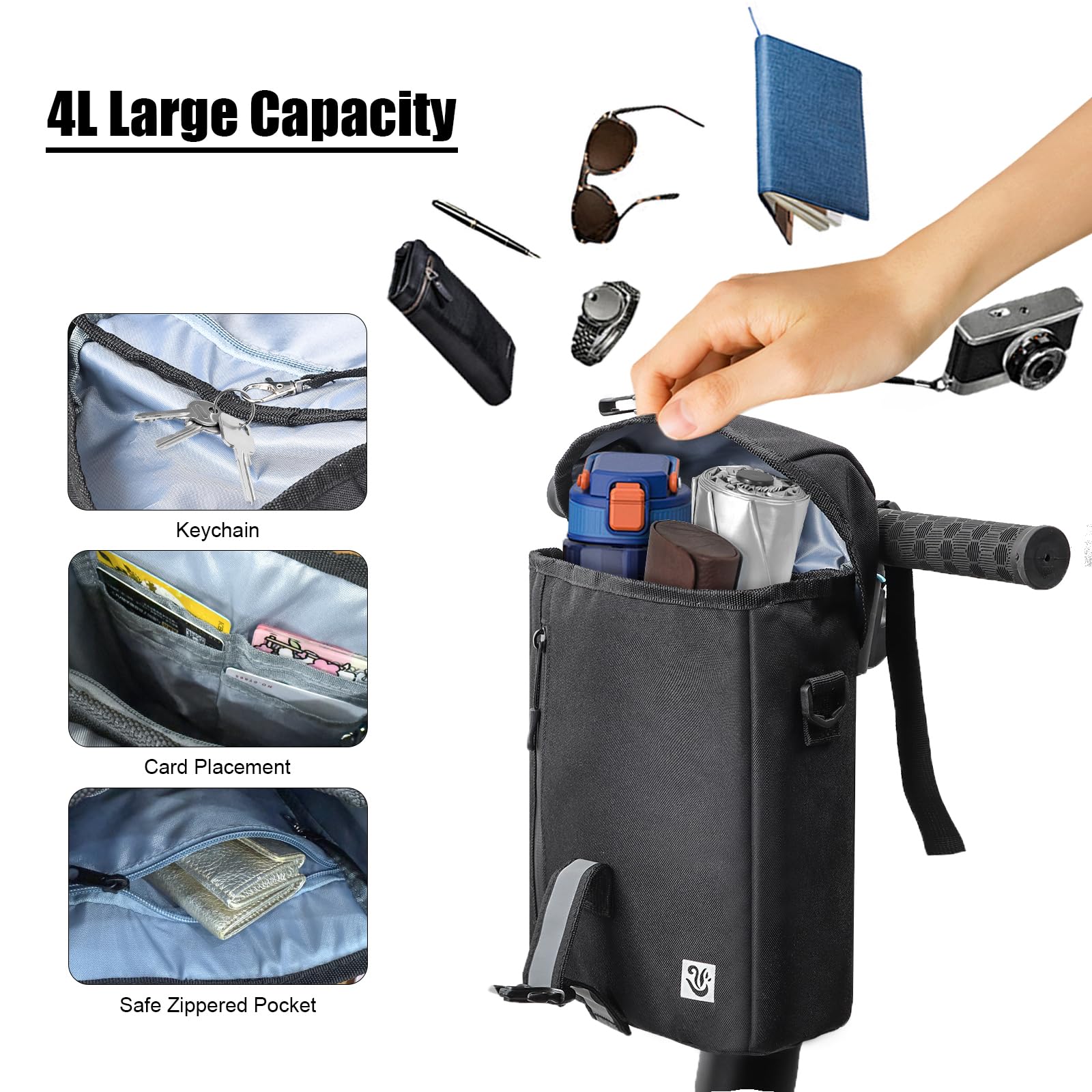 AIWARGOD Portable Electric Scooter Bag, 4L Large Soft Scooter Storage Bag with Shoulder Straps, Pockets and Reflective Strips, Waterproof Electric Bike Front Handlebar Bag, Black