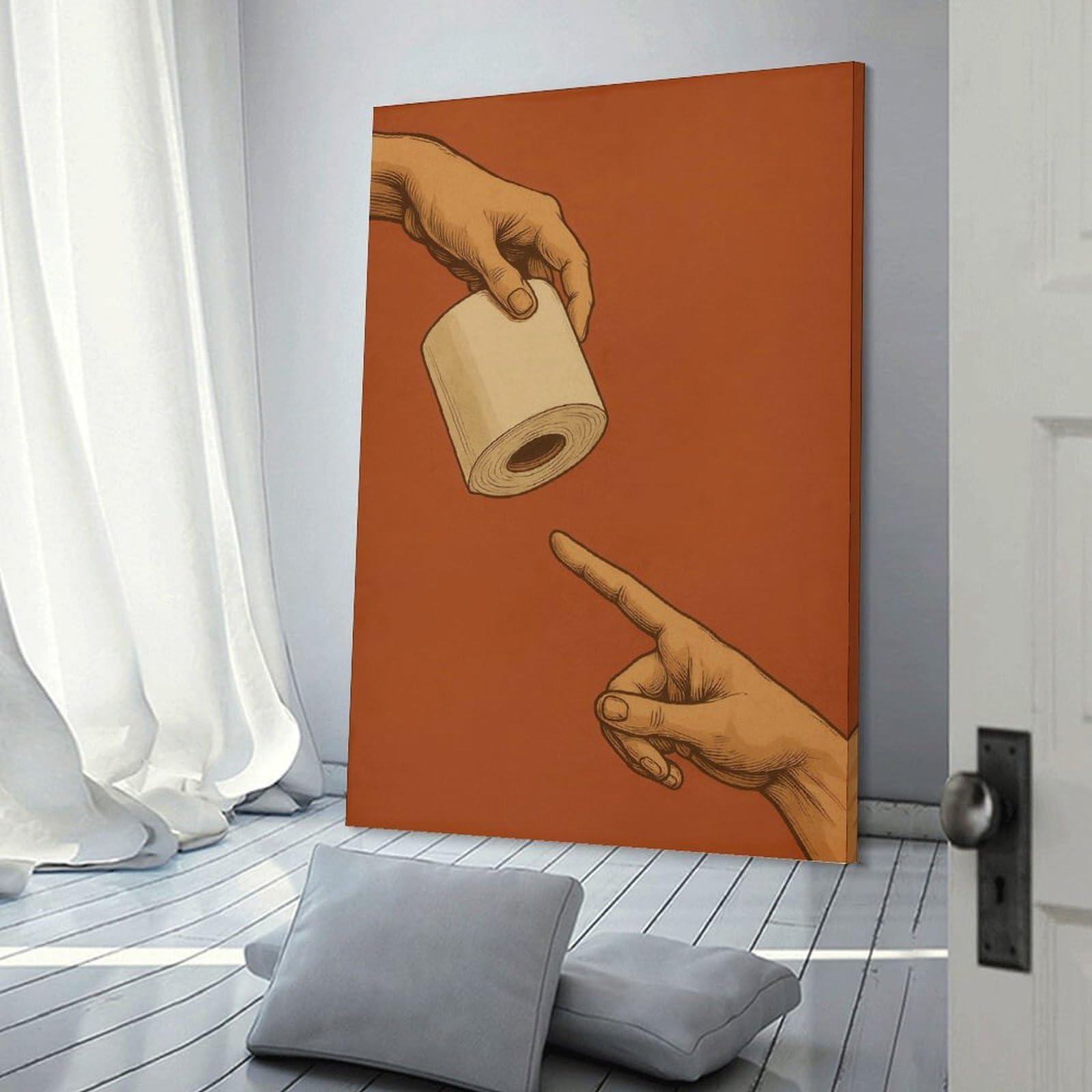 Junmoney Canvas Art Print Toilet Paper Creation of Adam Parody, 24x36inch(60x90cm), for Office, Study Or Home Workspace, Decorative Artwork for Productive Spaces