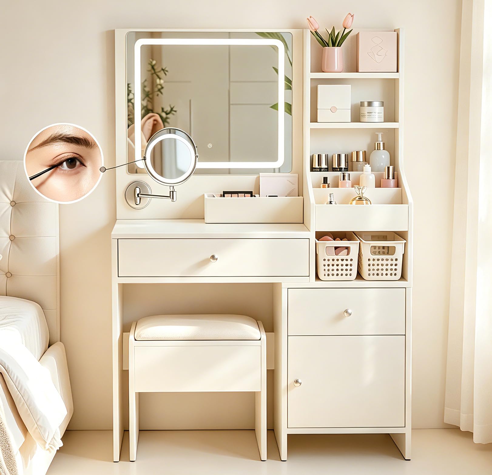 ZOONFA Vanity Dressing Table with LED Makeup Mirror, White & Dual Mirror