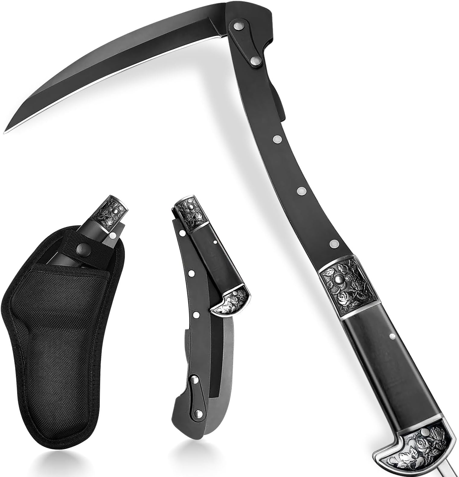 Black Sharp Folding Sickle Knife, Two Section Foldable Scythe Knife, Wooden Handle Folding Scythe Tool with Sophisticated Rose Pattern, Folding Kama Collection with Sheath