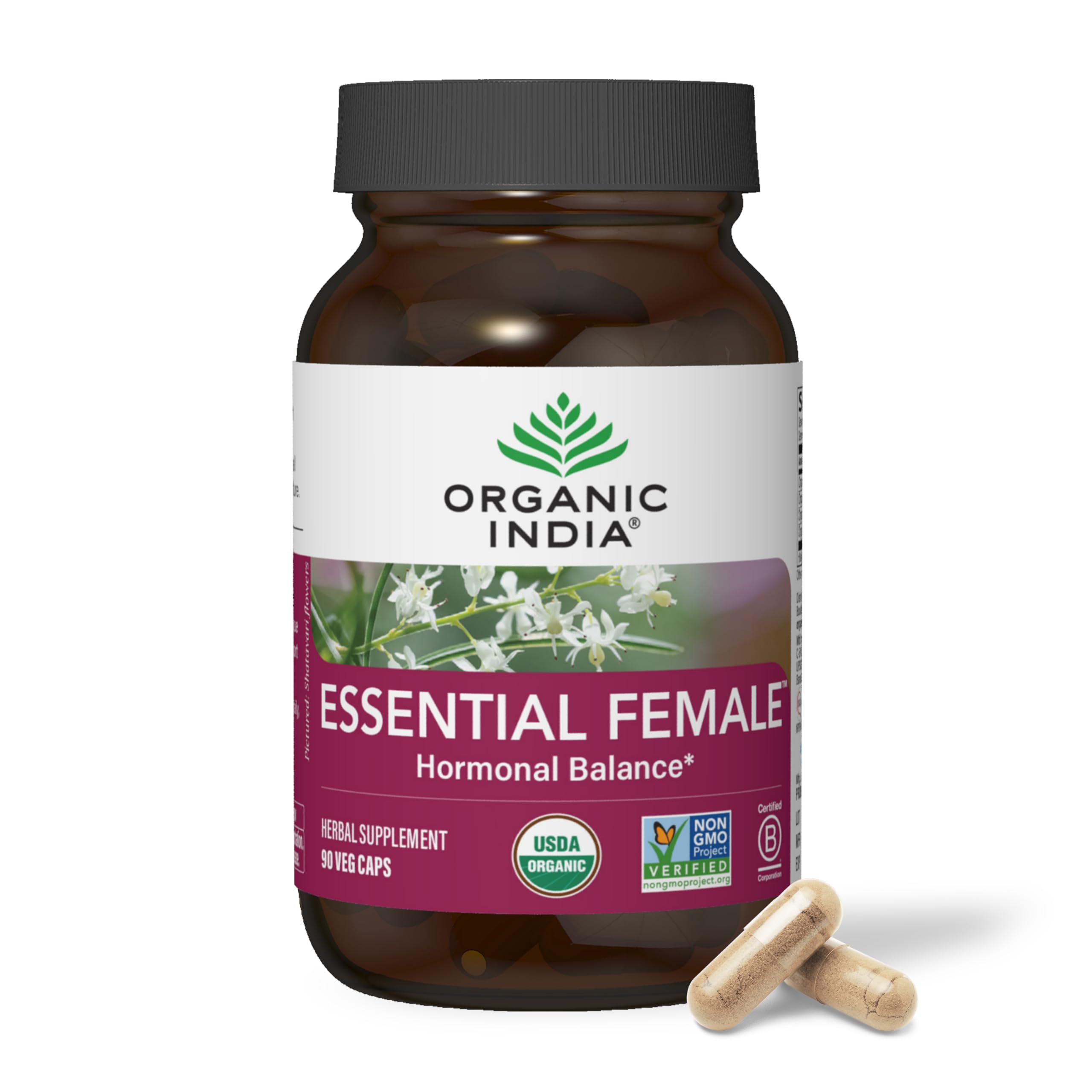 ORGANIC INDIA Essential Female Herbal Supplement - Hormonal Balance, Women's Formula, Reproductive Health, Adaptogen, Ayurvedic, USDA Certified Organic, Non-GMO - 90 CapsulesUSDA Organic