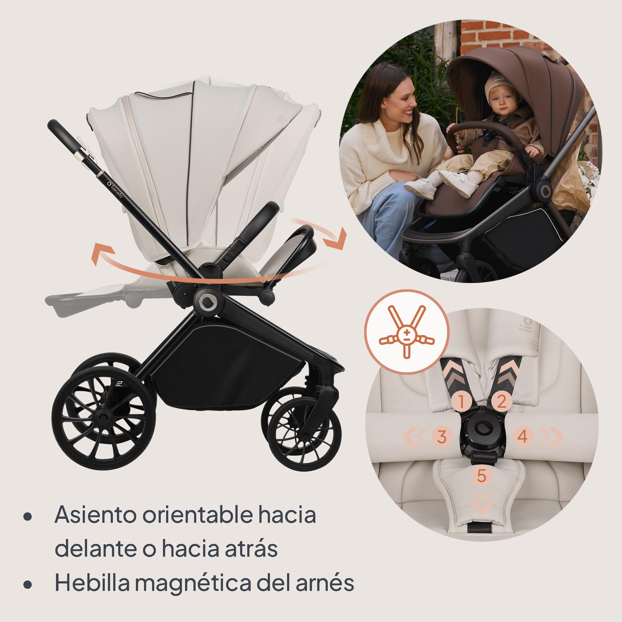 LIONELO MIKA PLUS 3 en 1 Silla de Paseo Bebe 0-48 meses a 22 kg Capazo hasta 9 kg Silla de Coche Portabebés hasta 13 kg, Respaldo Ajustable, Suspensión, Ruedas 360° Capota XXL Carrito de Bebe (Beige)