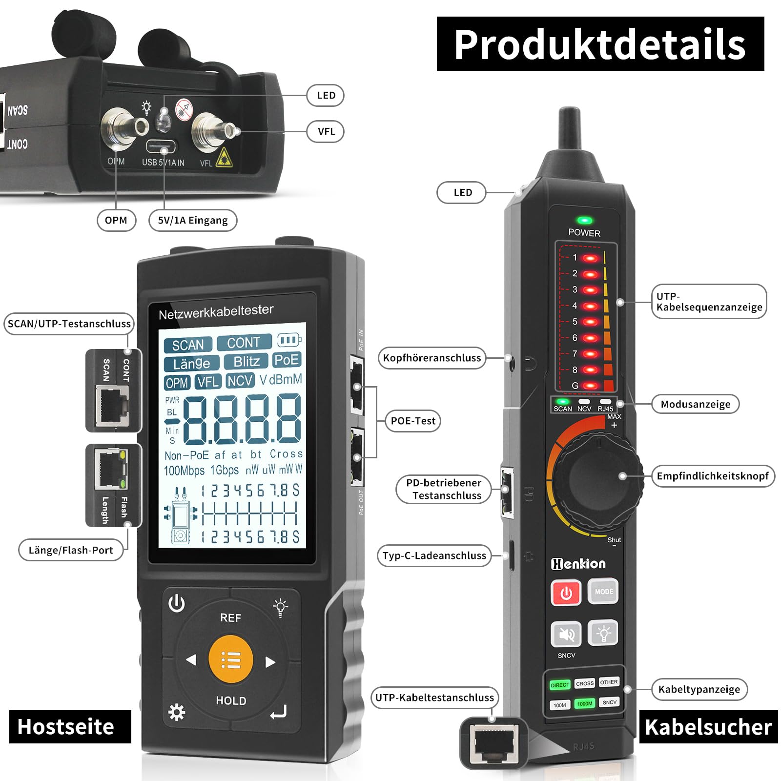 Henkion Multifunktions-RJ45-Netzwerkkabeltester,Kabelverfolger,Aufladbar,UTP-Kontinuitäts-und Steckerfehlertest,Länge,OPM,POE 802.3af/at/bt und nicht standardmäßige POE-Erkennung,Port-Blinken,NCV