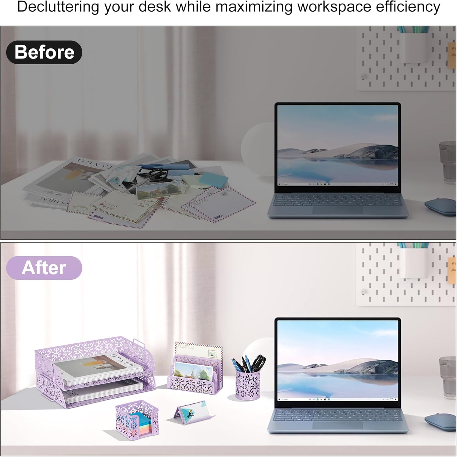 EasyPAG Desk Organizers and Accessories 5 Pieces Office Supplies Set - 2 Tier Paper Tray, Pencil Organizer for Desk, Mail Sorter Countertop, Business Card Holder and Sticky Note Holder, Purple