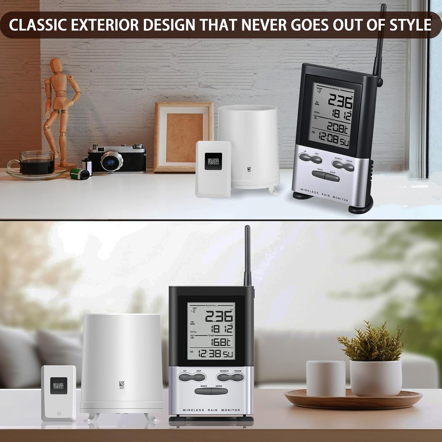 Wireless Rain Gauge Outdoor with Thermometer, Digital Rain Gauges Outdoors Best Rated with Self-Emptying & Freeze Proof, Accurate Remote Rain Measure Gauge, Automatic Outside Rain Gauge for Yard