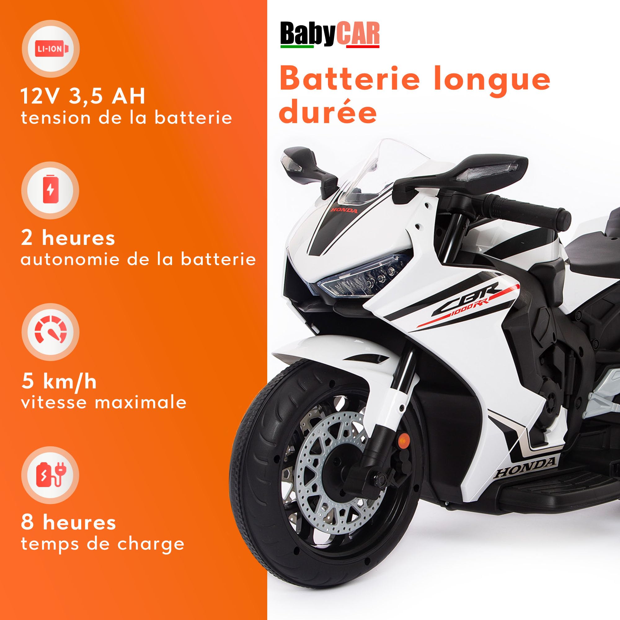 Moto Electrique Enfants BabyCar Honda CBR 12V | Moto Électrique Enfant 3-5 Ans avec Lumières, Sons, MP3/USB et Roulettes Stabilisateurs | Batterie 12V 3,5Ah, Moteur 30W et Accélérateur au Pied | Blanc