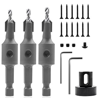 Countersink Drill Bit Set 3 Pieces 1/4" Hex Shank with Adjustable Depth Stop for Wood, High Speed Steel Woodworking Carpentry Reamer Including 2 Hex Key Wrenches and Free Accessories