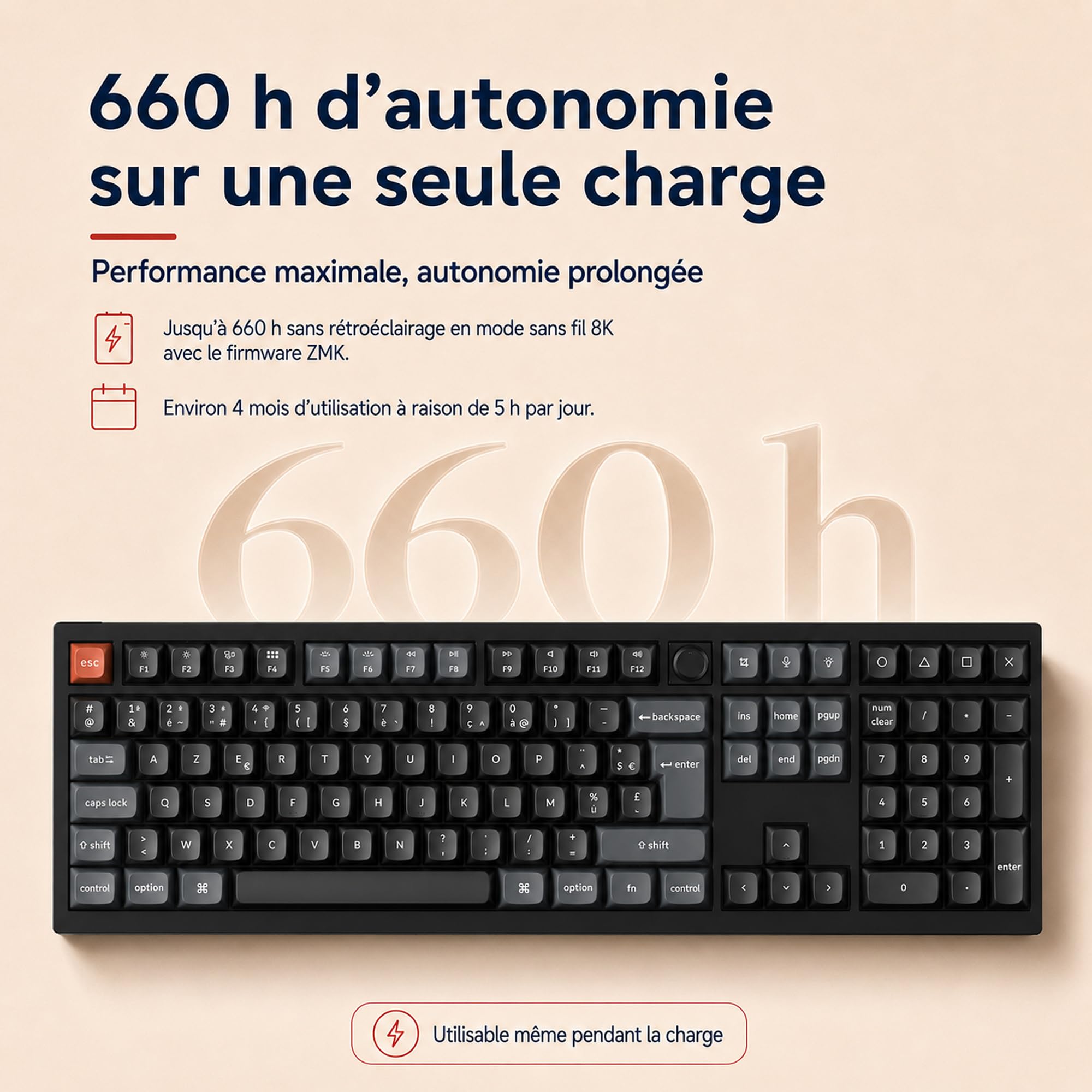 Keychron V6 Ultra 8K Clavier Mécanique sans Fil Pleine Taille, 2.4G/Bluetooth 5.3/USB-C, Touches PBT OSA, RGB Personnalisable, Switches Rouges Pom Hot-Swap pour Mac/Windows/Linux (Disposition AZERTY)