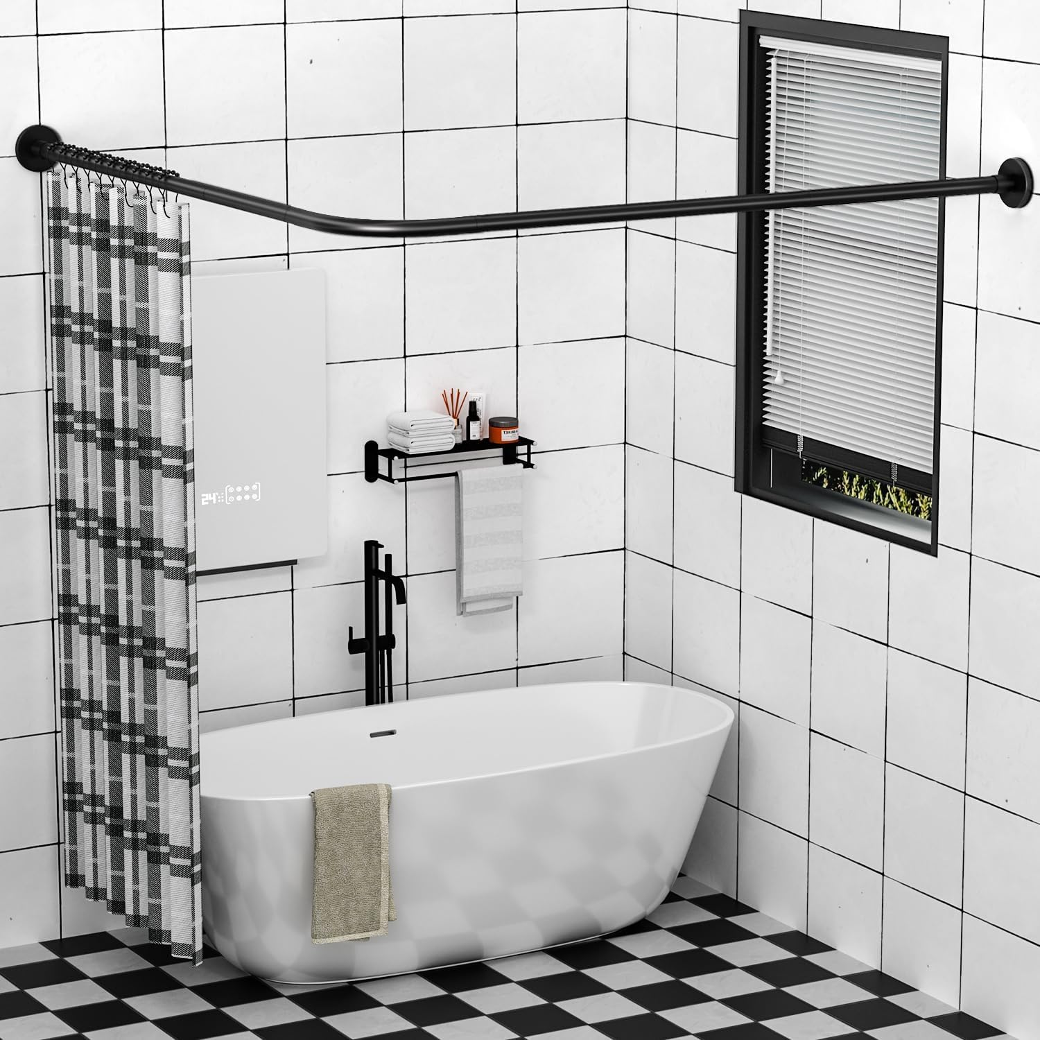 L Shaped Shower Curtain Rail, Adjustable (Black 60-133 cm x 180-215 cm), Corner Shower Curtain Rail, Genuine 304 Stainless