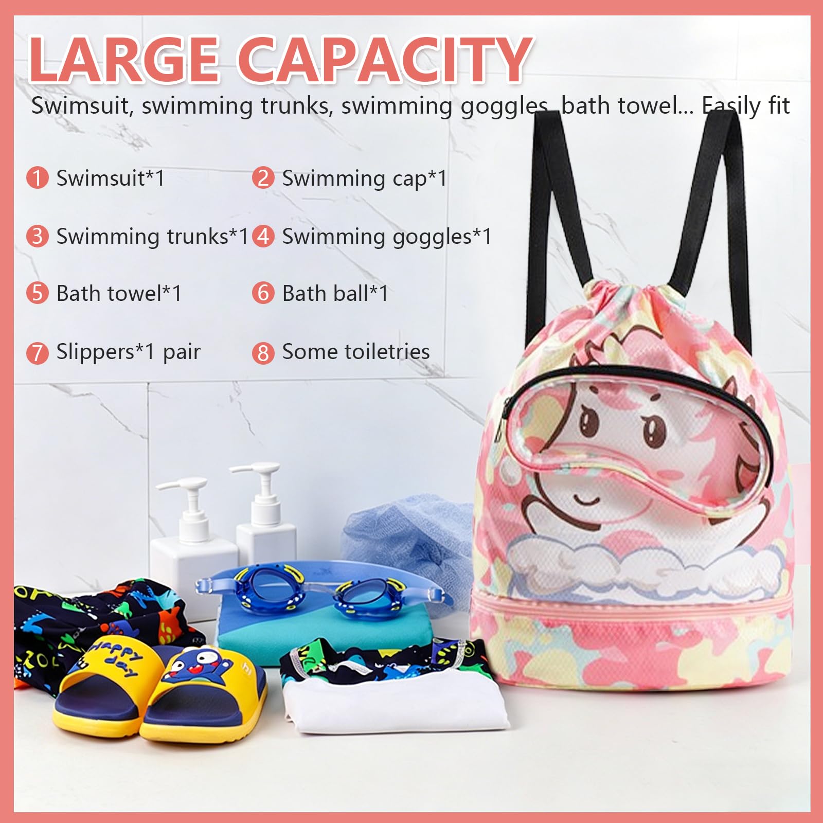 Zaino da Nuoto Bambini, Borsa Coulisse Bambini, Borsa Impermeabile Piscina Bambino con Portascarpe, Grande Capacità Sacca Sportiva Palestr con Cerniera per Nuoto, Palestra, Spiaggia, Unicorno
