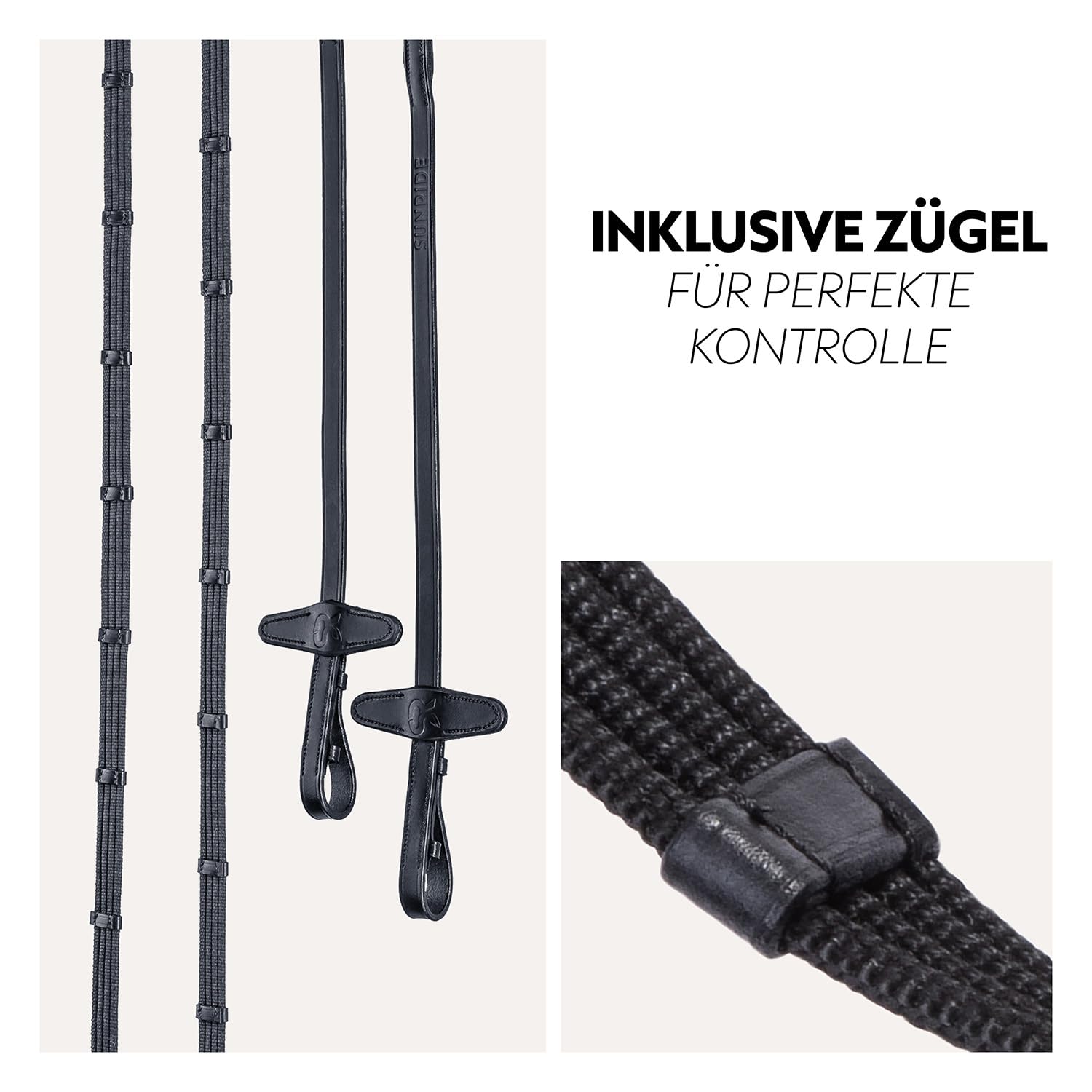 SUNRIDE Brida Inglesa combinada Caballo (London) – con riendas – Cuero Genuino Suave – Acolchado Extra – anatómica Ajustable – Artesanal – Costuras Decorativas – Acero Inoxidable (Full, Negro)