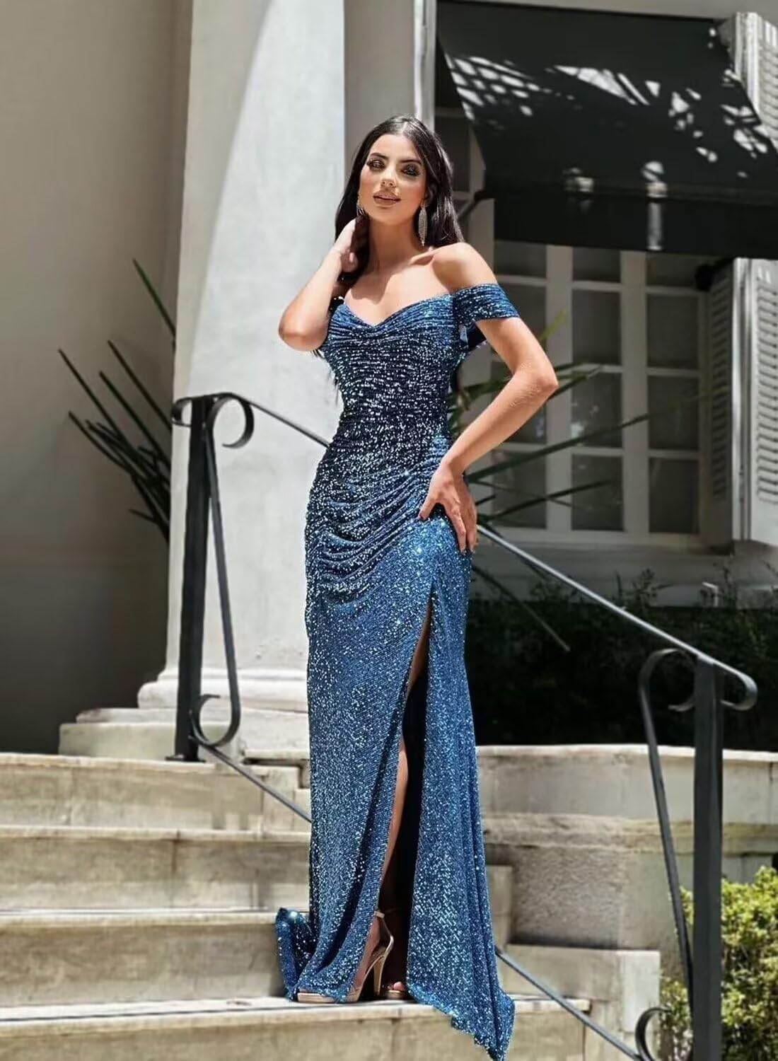 Off The Shoulder Prom Dresses for Women Mermaid Sparkly Sequin Evening Party Dress Long Formal Gown with Slit - Image 4