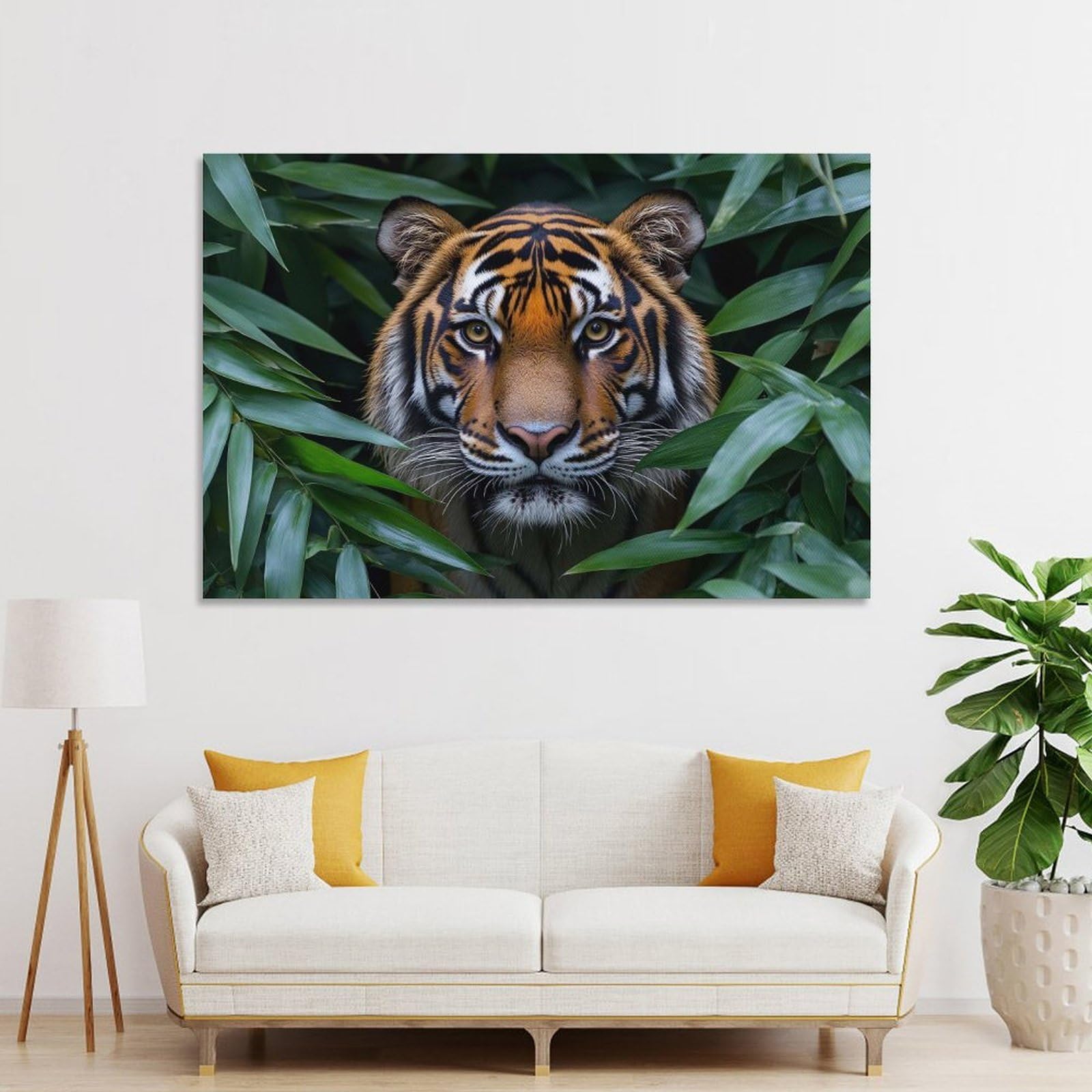 Junmoney Tiger Portrait in Lush Green Foliage Wall Art Print 24x36inch(60x90cm), for Lounge, Study, Hallway Or Flat Walls, Decorative Artwork with Broad Appeal