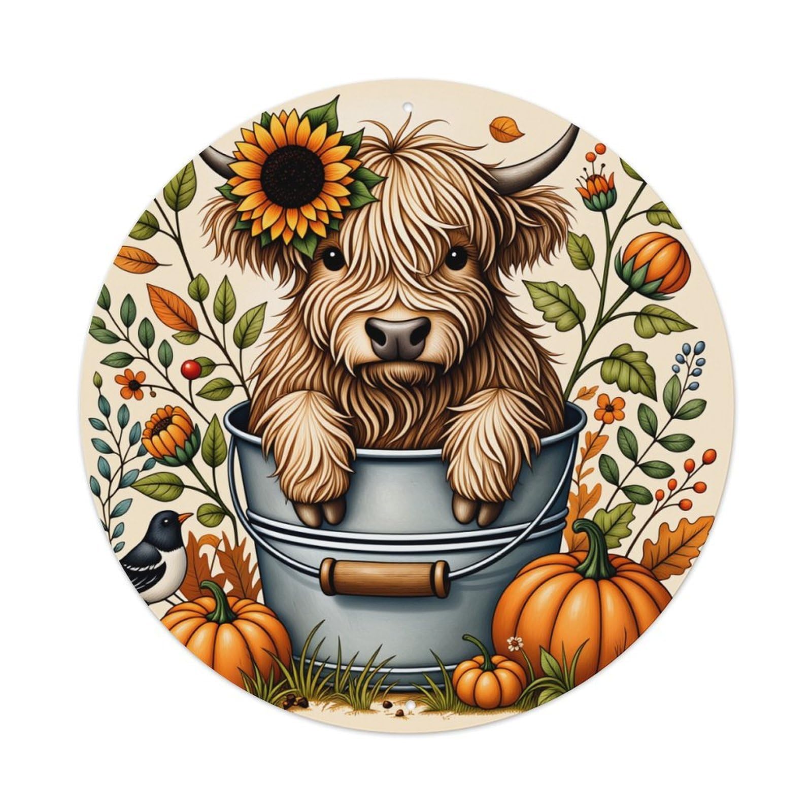 Autumn Cow Bucket Pumpkin Sunflower Round Tin Sign Vintage Style Metal Sign Home Bar Garden Wall Plaque Decor Metal Poster 8x8 Inch