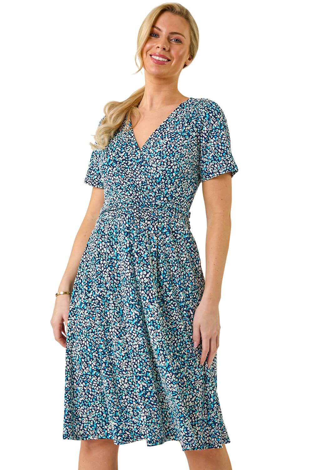 Roman Women's Petite Spot Puff Print Dress in Navy | Size: 14