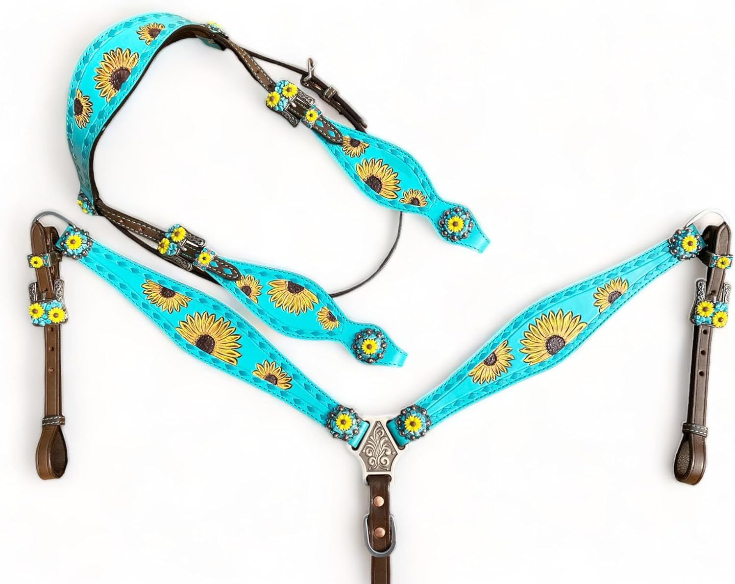 Valentine's Day Western Leather Headstall and Breast Collar Tack Set for Horses, Tooled Sunflower Design, Turquoise Accents