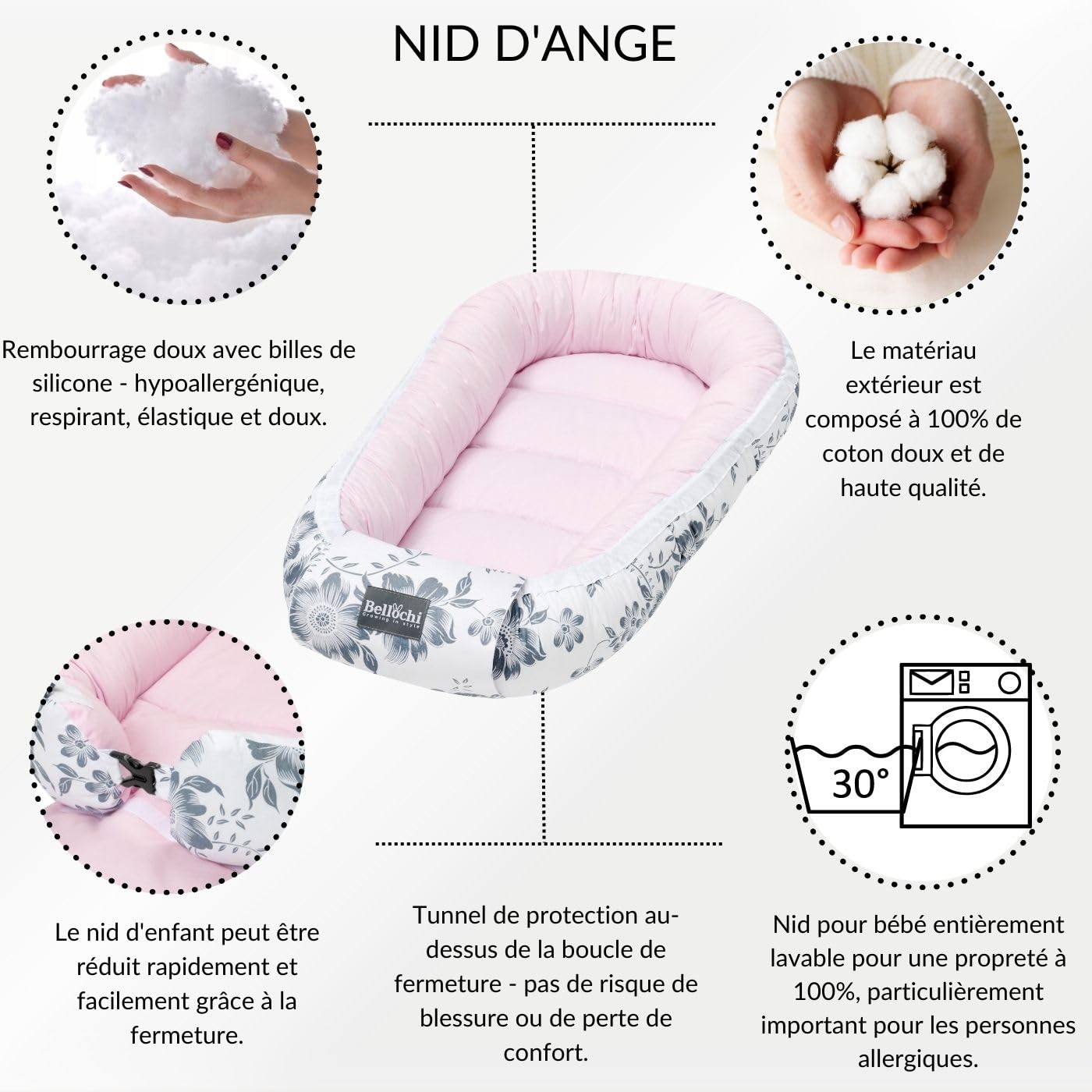 Bellochi Reducteur de Lit Bebe, Cale Bebe pour Lit, Cocon Bebe - 100% Coton, 0-12 Mois - Nid de Bebe, Baby Nest - 90 x 60 cm - Pink Berry