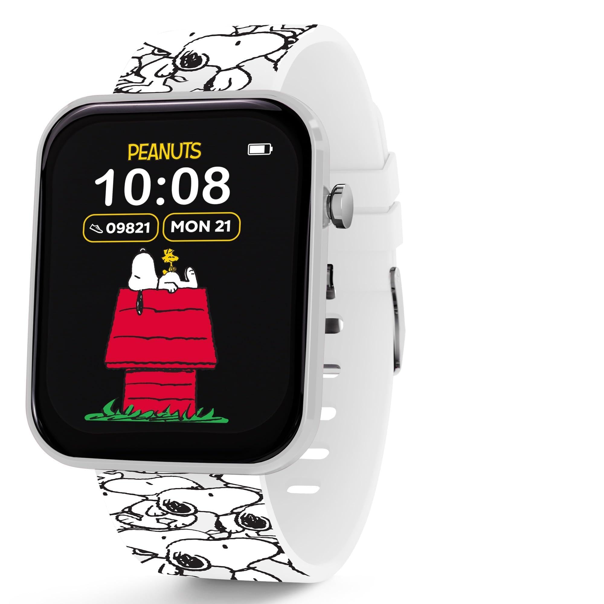 Accutime - Reloj inteligente interactivo Peanuts Snoopy para niños con correa impresa blanca