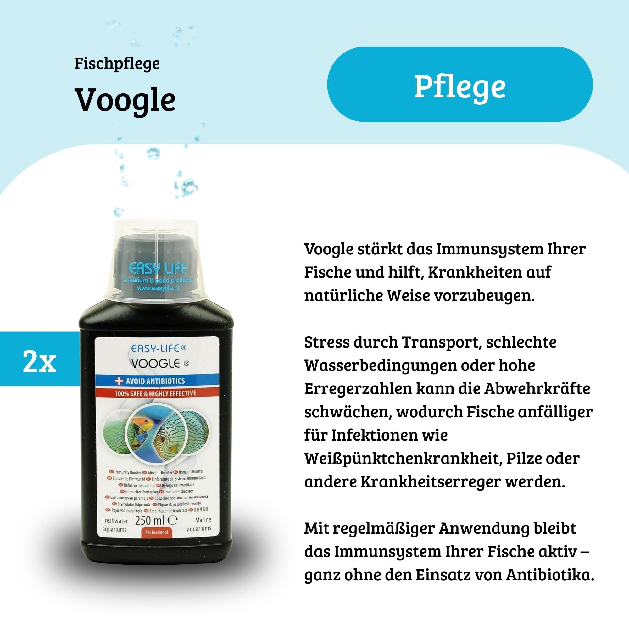 Easy Life Voogle 2er Pack – 2X 250 ml natürliche Immunstimulanz für Aquarienfische, stärkt Abwehrkräfte, schützt bei Stress & Krankheit, einfache Anwendung ohne Chemie