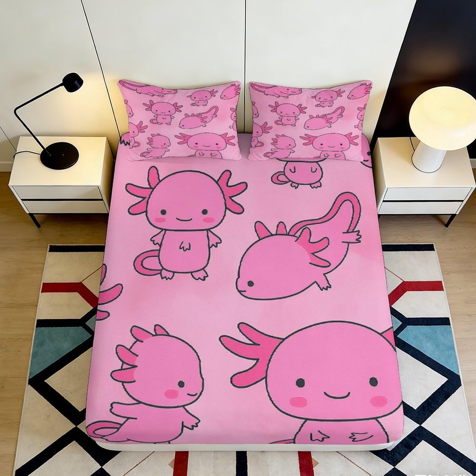 Jqzkxnhpbr Style-9 3D Printed Pink Axolotl Cartoon Fitted Sheet Microfiber Soft Cute Salamander Bed Cover For Bedroom Dorm Mattress Protection Decor 90X200x25cm