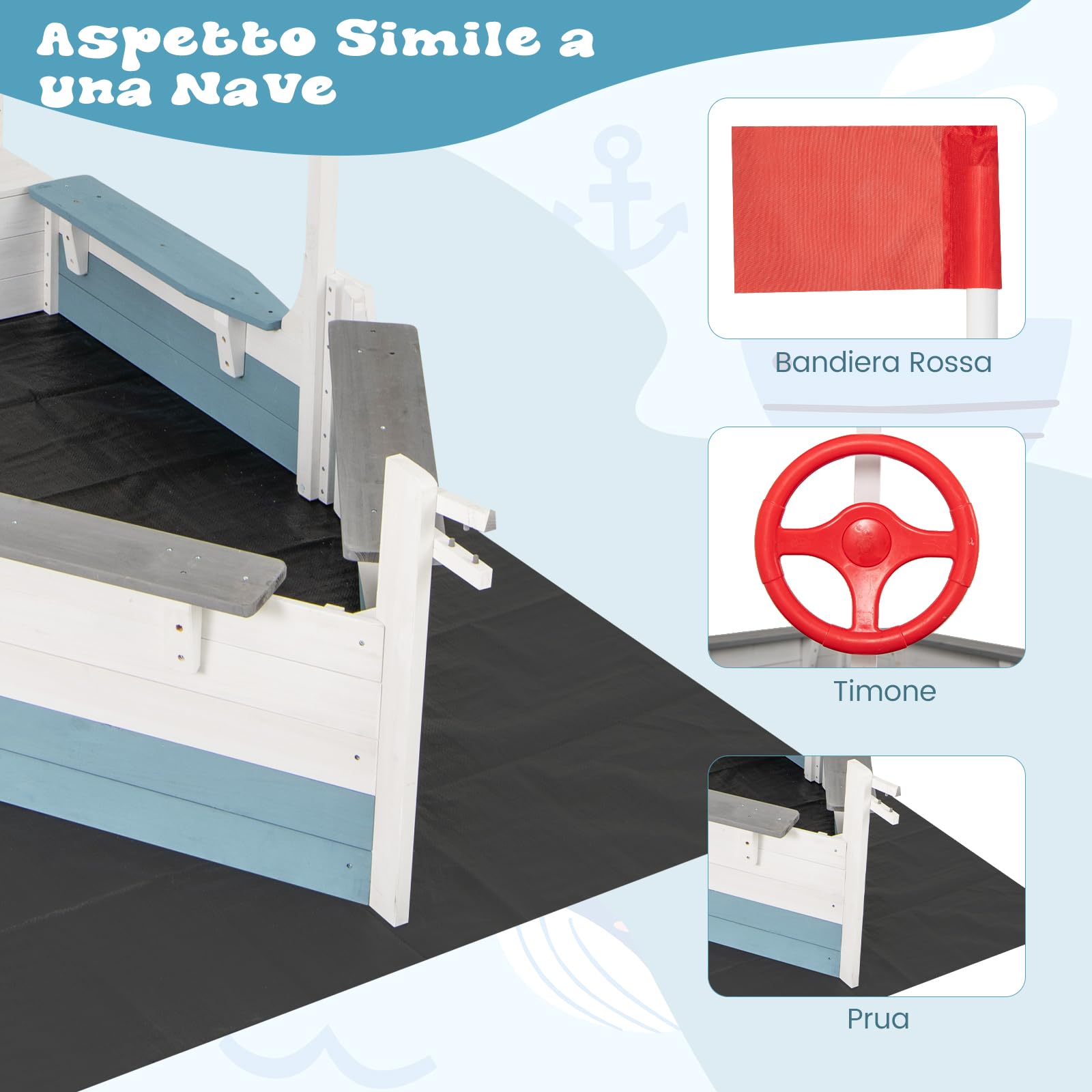GYMAX Sabbiera in Legno di Abete, Casetta da Gioco per Giardino a Forma di Nave con Tetto Spiovente, Rivestimento, Sedili Multipli, Ampio Spazio di Stoccaggio, Sabbiera da Esterno per Bambini