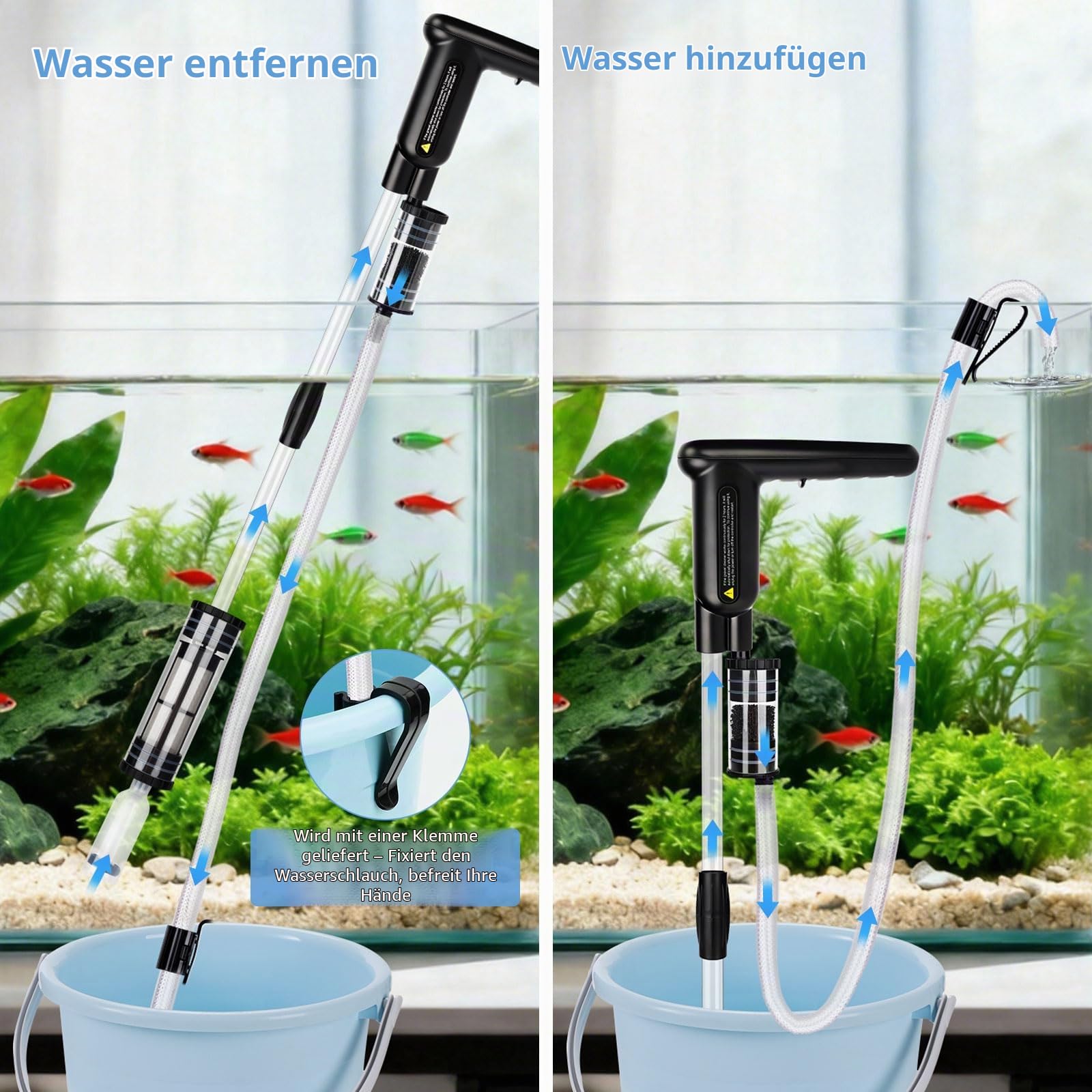 AQQA Aquarium Mulmsauger,7‑in‑1 Elektrischer Aquarium Wasserwechsel,Einstellbarer DC 18W Aquarium Sand Reiniger,Aquarium Kiesreiniger zubehör zum Wasserwechsel,Sandwaschen und Zirkulation