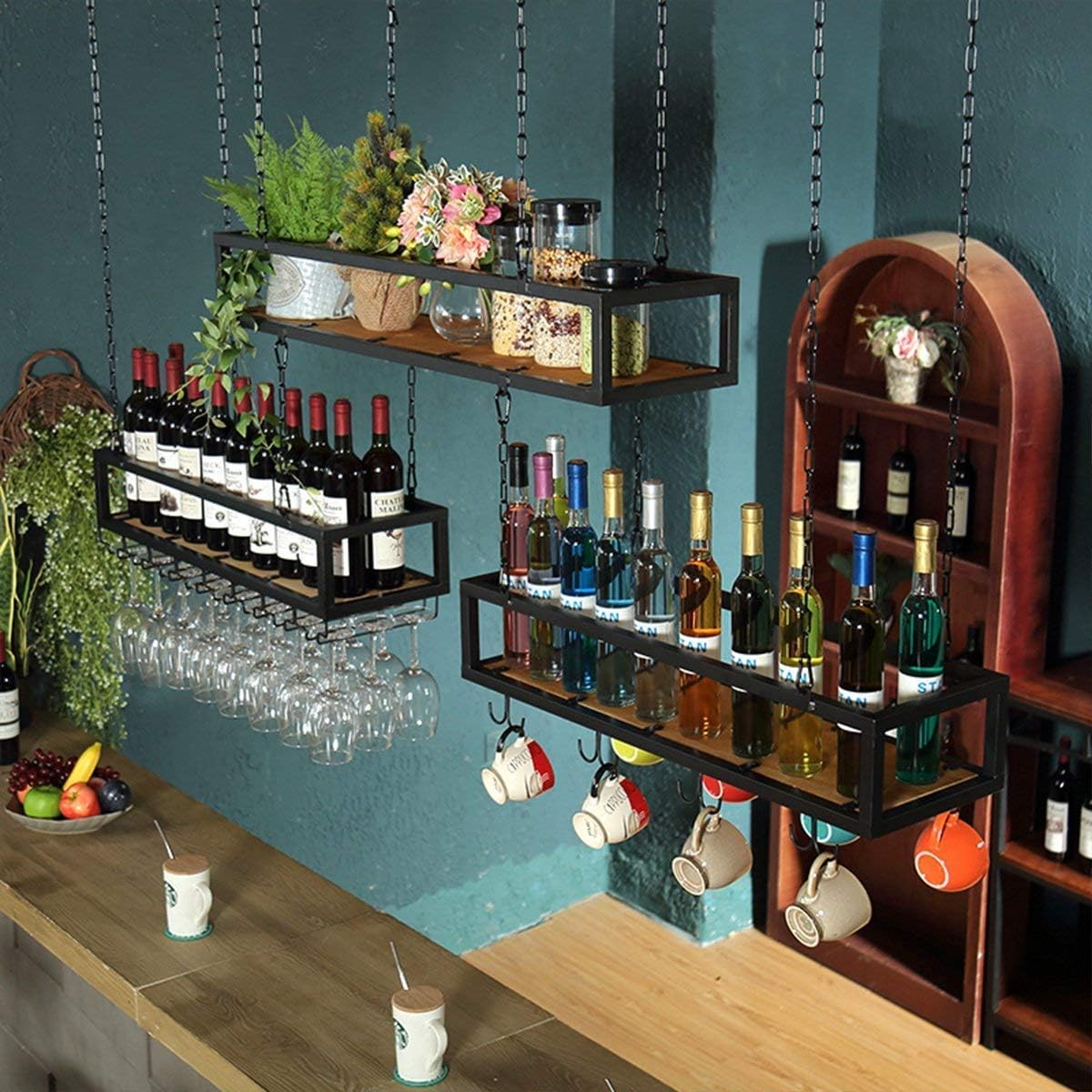 47.2''L Iron Wine Glass Hanging Rack, Floating Bar Under Cabinet Cup Shelf,Restaurant Cafe Kitchen Wall Mounted Storage Cup Cabinet,Goblet Holder, (One Shelves)