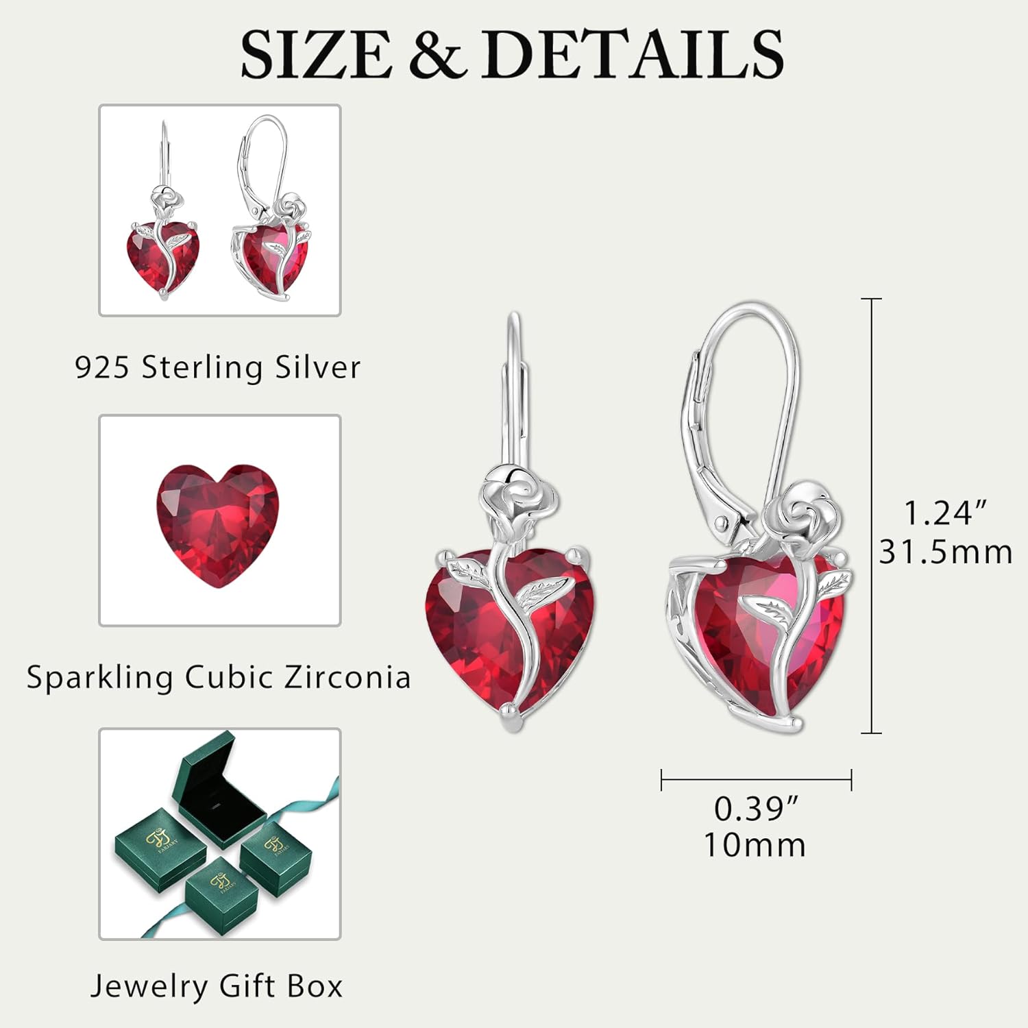 FJ Heart Dangle Drop Earrings 925 Sterling Silver Rose Flower Leverback Earrings Birthstone Jewelry for Women - Image 6