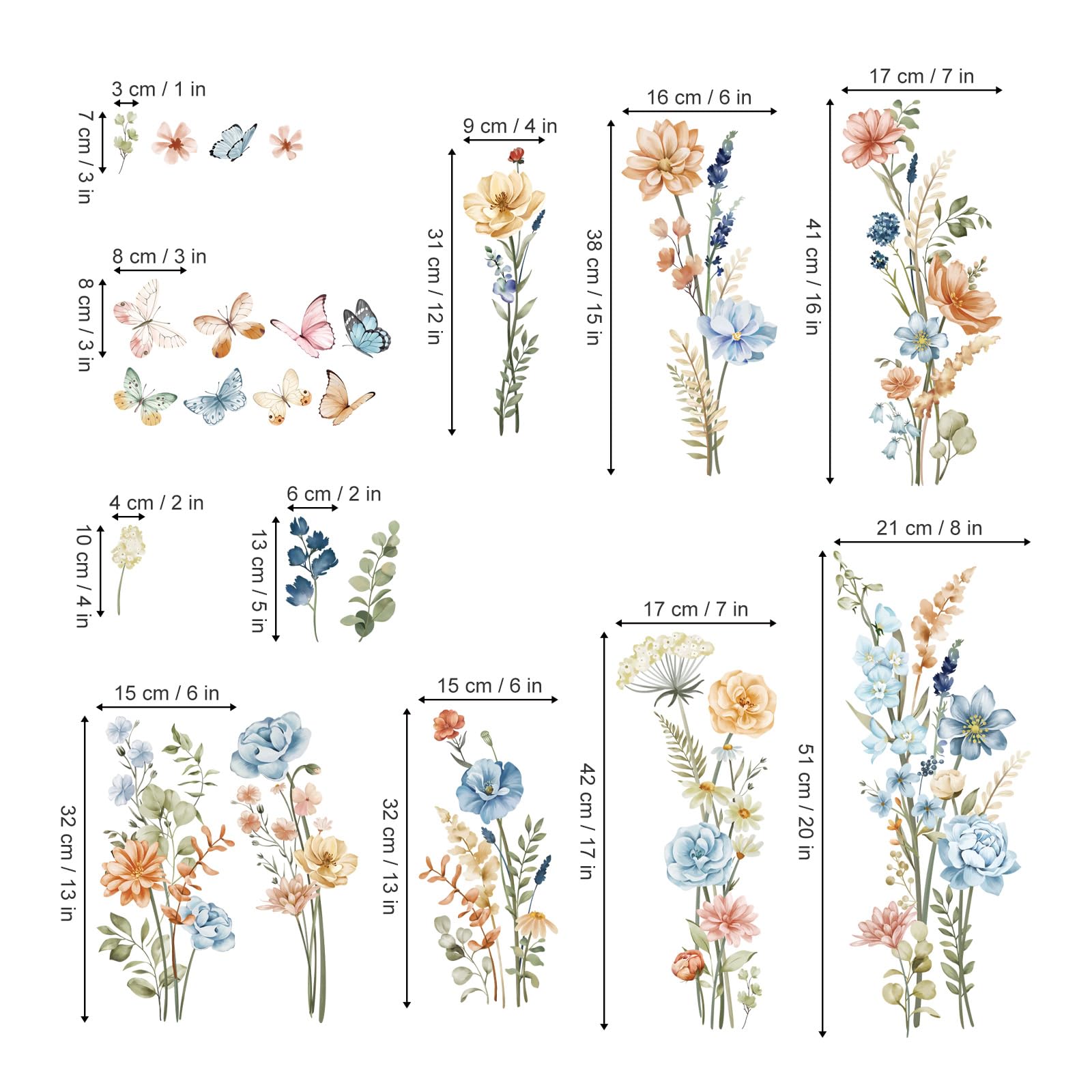 wondever Blue Boho Wildflower Wall Stickers Garden Flowers Grass Peel and Stick Wall Art Decals for Living Room Girls Room Bedroom - Image 4