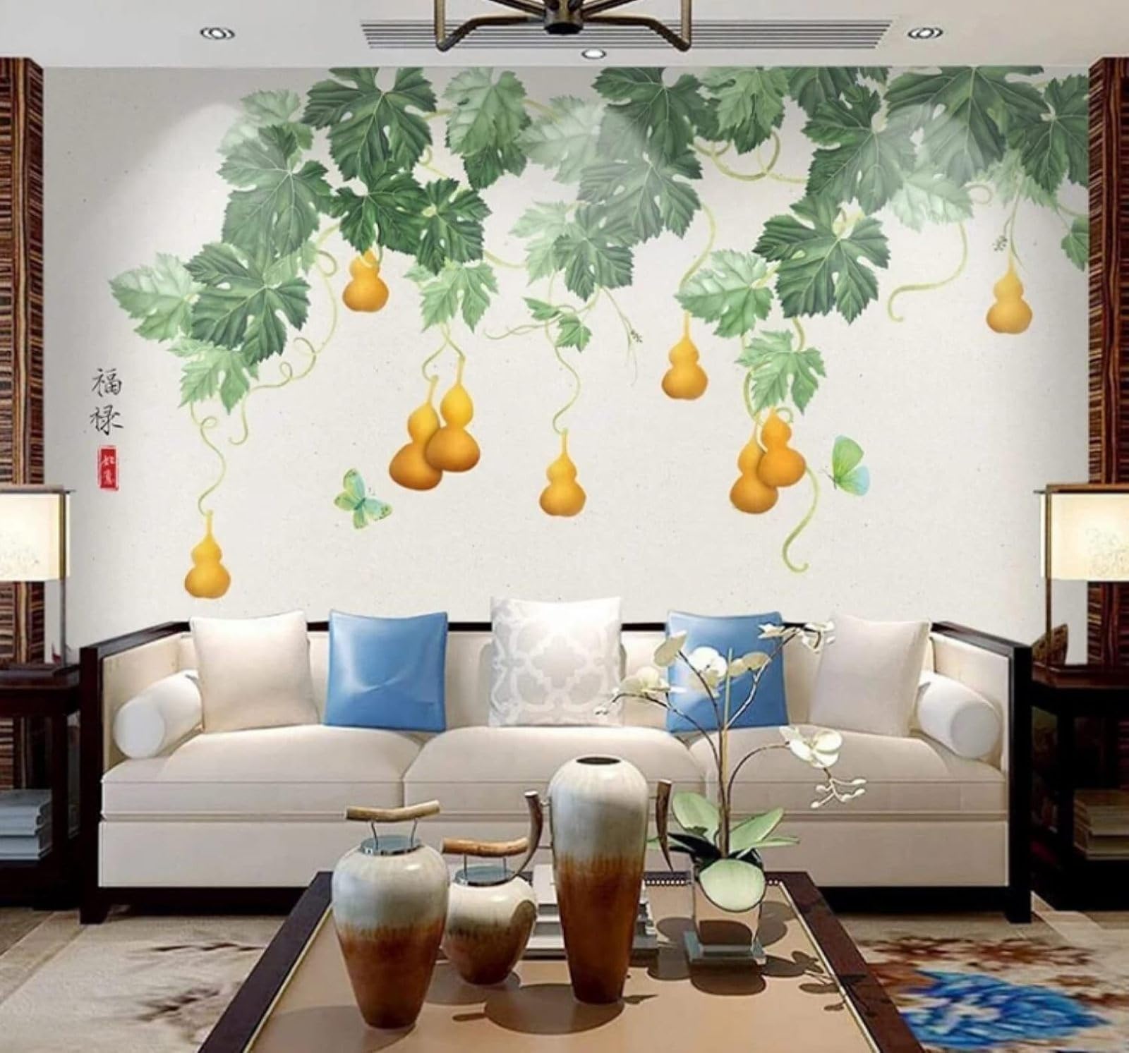 Wallpaper-3D-Xlm 250Cm×170Cm(B×H) Hand Drawn Fresh Gourd And Green Leaf Pattern 3D Wallpaper Easy Install Feature Office Living Room Sofa Bedroom Tv Background Wall Decoration-250Cm×170Cm