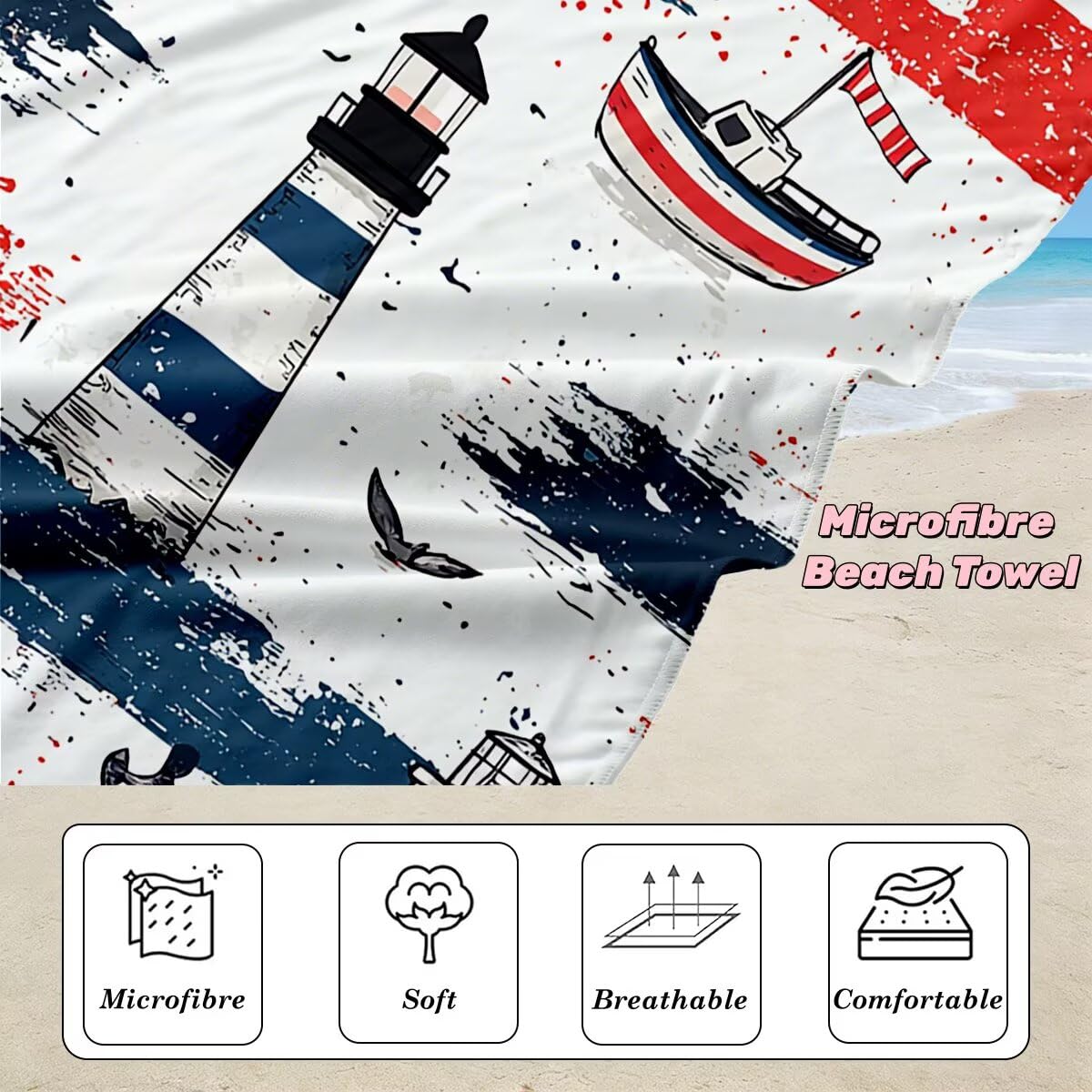 Toalla Playa 80x160 cm, Toalla Gimnasio Microfibra Secado Rapido, Juego de 2 Antiarena Toallas de Playa, Ligera Compacta Toallas Microfibra Grande para Viaje, Regalo Hombre Regalo Mujer (Faro) -4965
