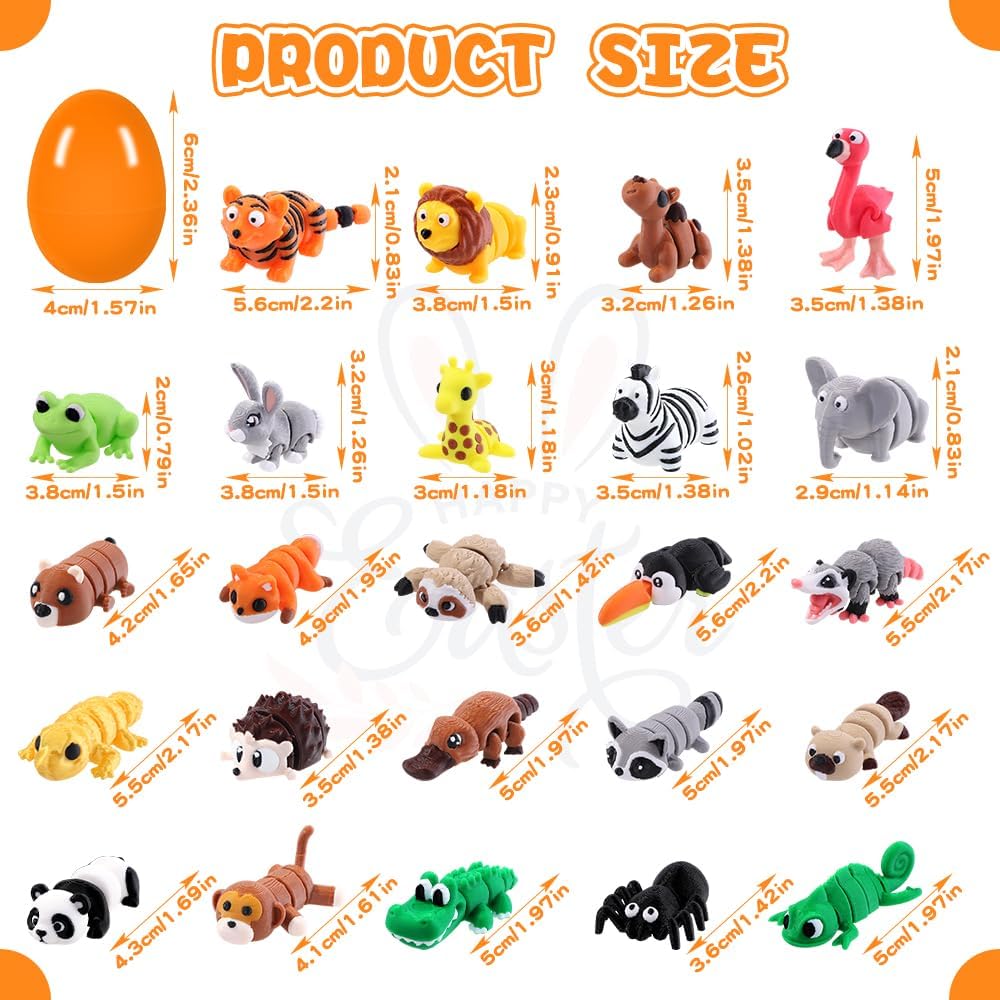 JOICEE 24 PCS Prefilled Easter Eggs with 3D Printed Animal, Jungle Forest Animal Figurines Flexible Articulated Fidget Toys Set for Kids Easter Egg Hunt Basket Stuffers Party Favors