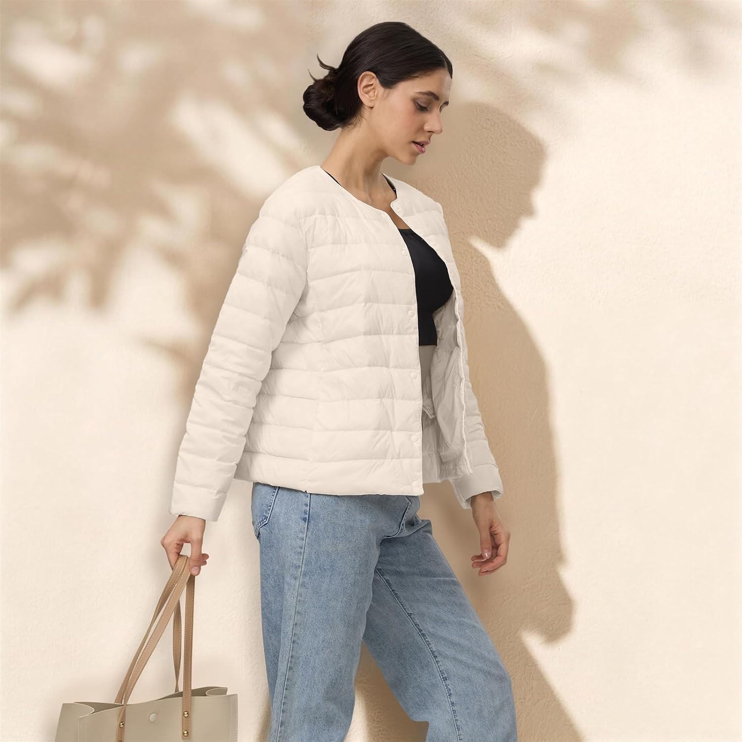 Women's Quilted Lightwight Puffer Jacket, Collarless Down Jacket Coats with Pockets, Portable Coat with Storage Bag