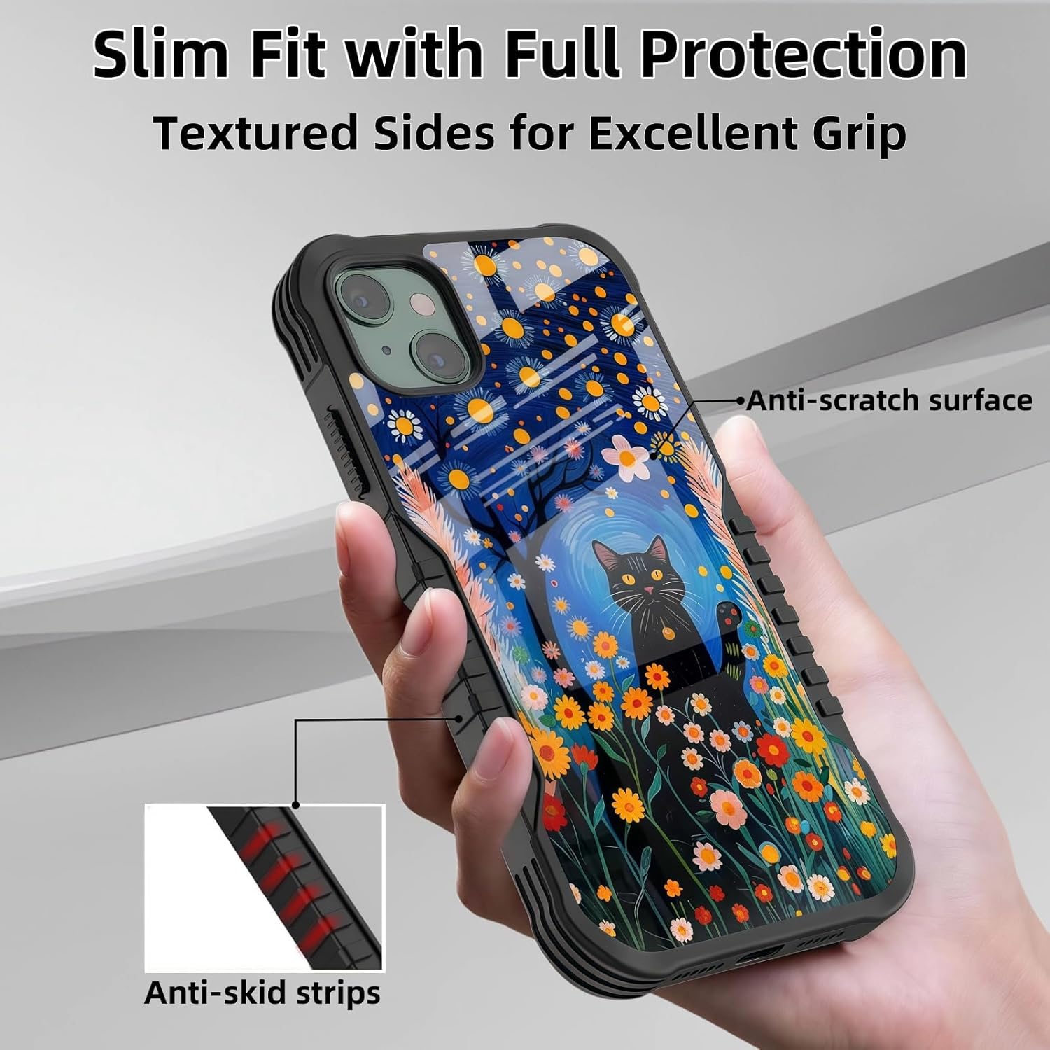 Compatible with iPhone 15 Case Anti Slip Shockproof Hard PC Back Soft TPU Prevention Protective Case, Unique Design Fashion Print for Men Women - Starry Sky Cat - Image 2