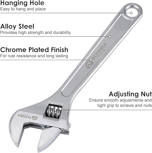 Vista 45 de Olympia Tools Llave ajustable de 15 pulgadas, acero forjado de alta resistencia, cromado, mandíbulas mecanizadas de precisión, resistente a