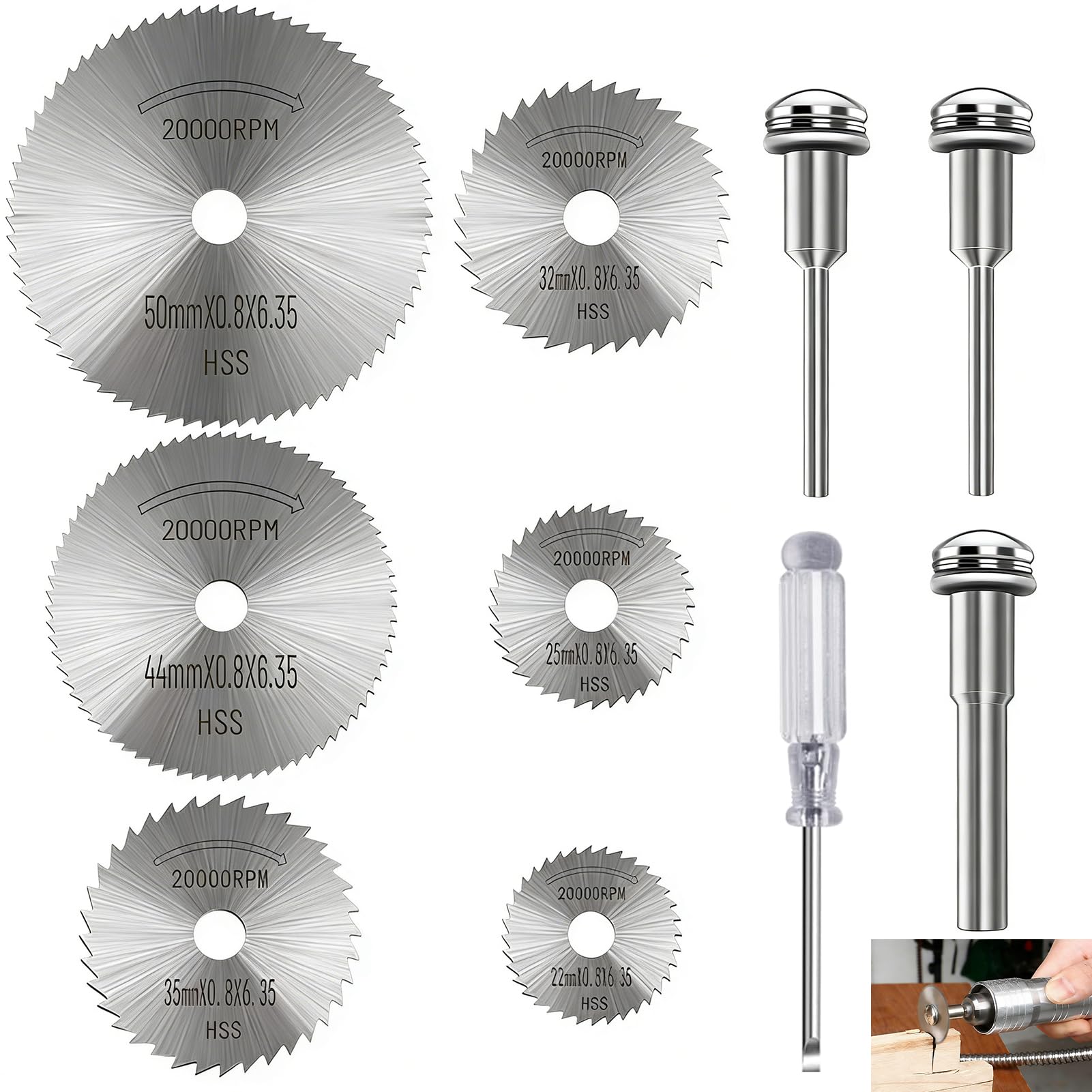 10 Pcs Rotary Tool Saw Blades, Rotary Drill Saw Blades, HSS Circular for Dremel Rotary Tool, 1/8" & 1/4" Mandrel Set, 22mm to 50mm Blade Sizes, Cutting Wood Plastic PVC DIY Accessories for Drilling