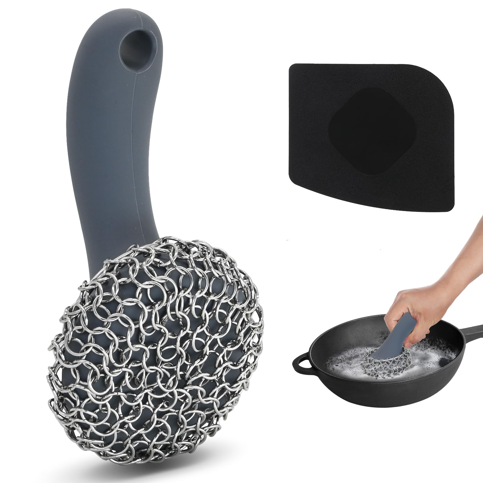 Cast Iron Scrubber with Long Handle | 316 Cast Iron Cleaner Chainmail Scrubber for Cast Iron Pan Skillet Cleaner - Dish Scouring Pad Dishwasher Safe Cleaning Kit (Grey, 1 Scrubber + 1 Scraper)