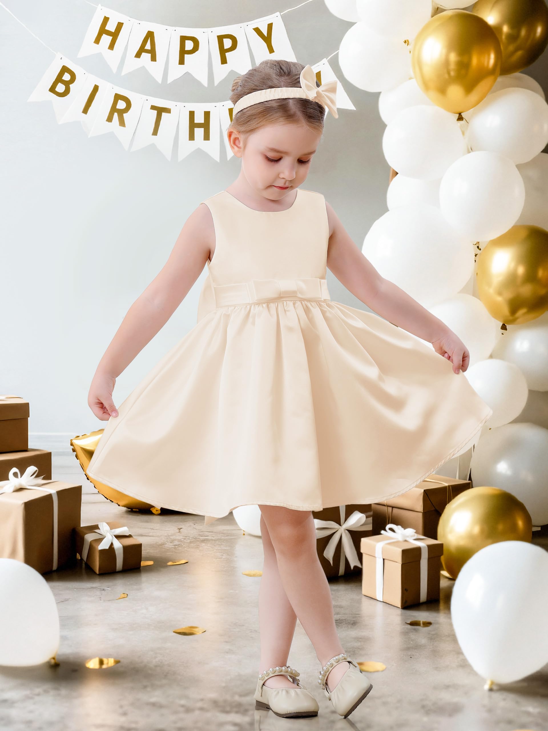Miipat Robe pour Bébé Fille Satiné Robe Demoiselle d'honneur Bowknot Ligne A V-arrière Baptême Mariage de Soirée Anniversaire Fête Communion Robes pour Enfants de 6 Mois à 4 Ans