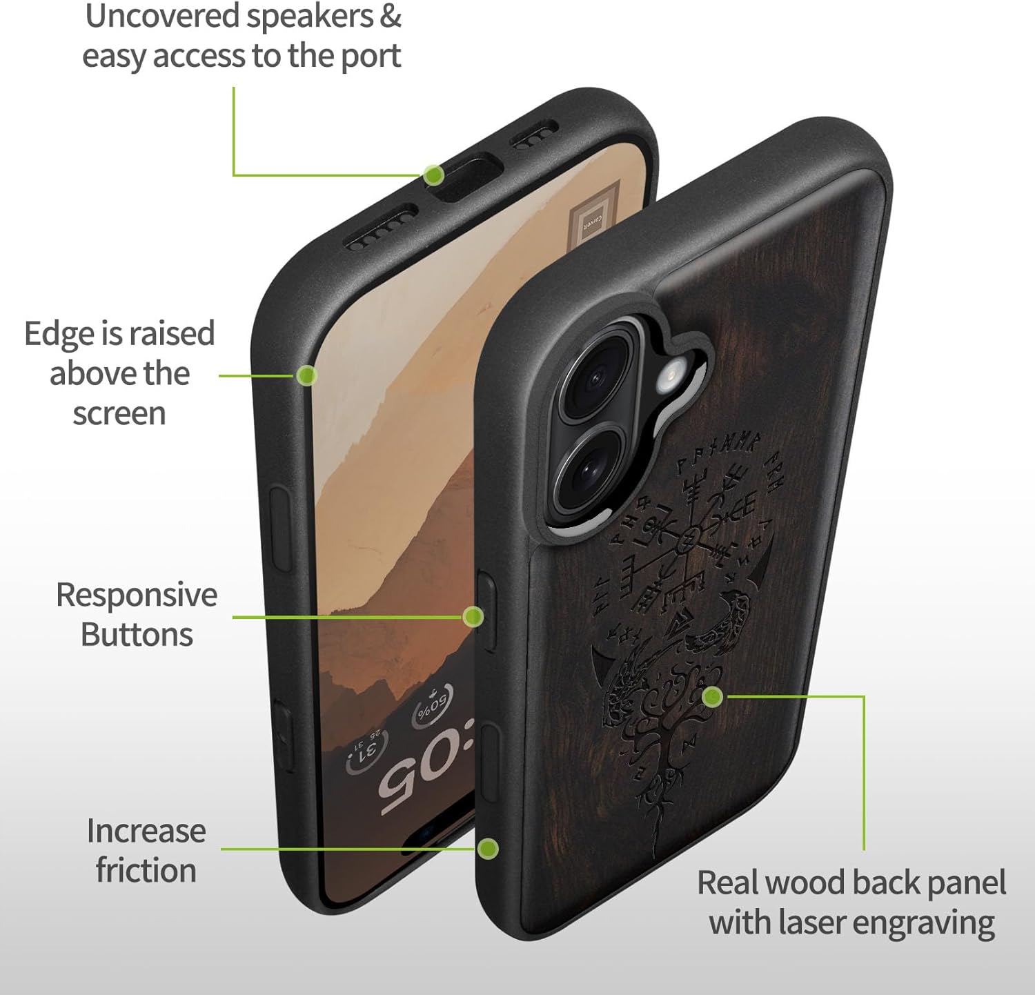 Carveit Magnetic Wooden Case for Phone 16 Plus Case, Wood Artisan Engraved & Black Soft TPU Shockproof Cover, Compatible with MagSafe Wireless Chargers, (The Guiding Vegvisir) Blackwood